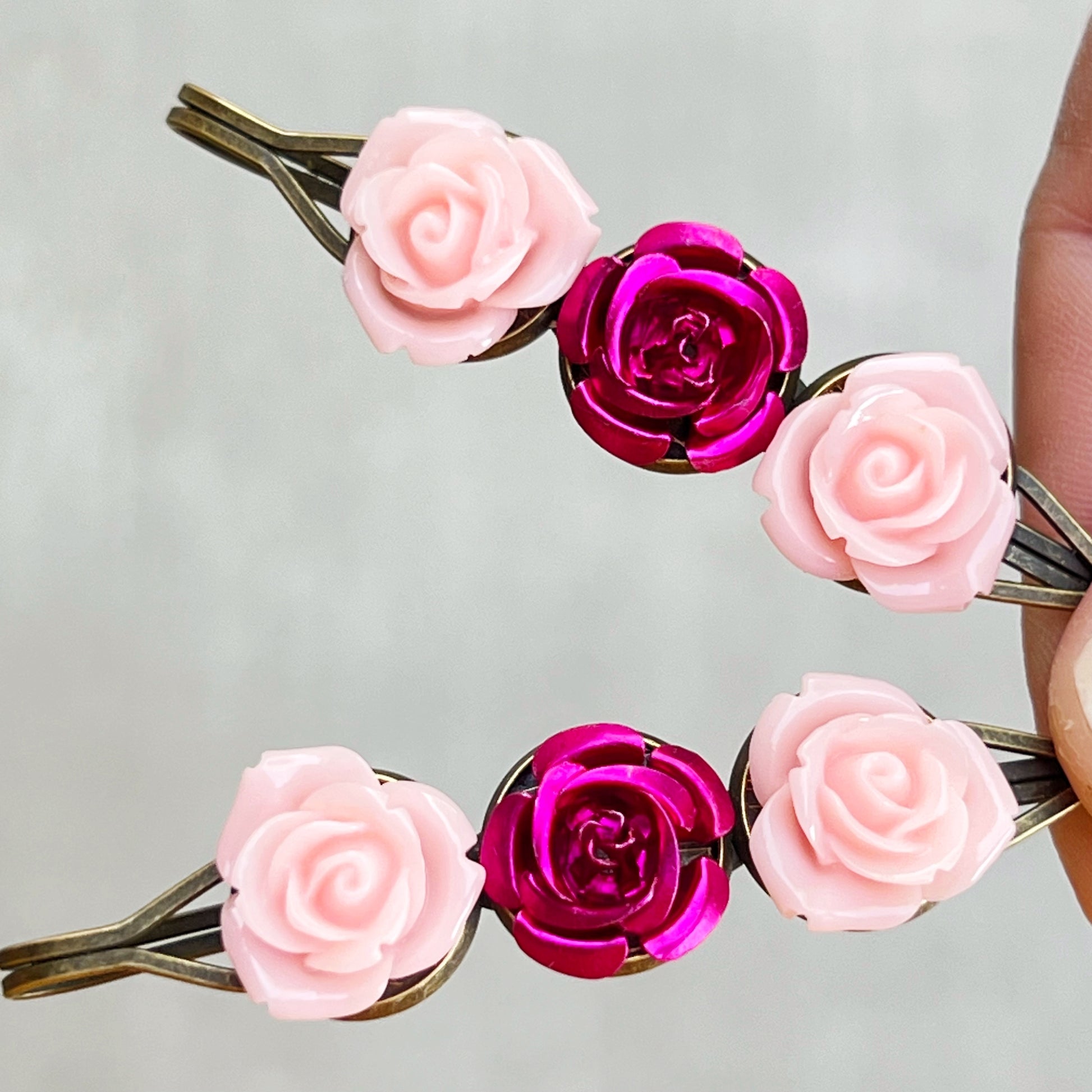 Pink & Red Rose Hair Pins – Vintage-Inspired Floral Bobby Pin Set