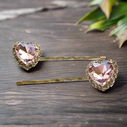 Light Pink Rhinestone Heart Hair Pins Set of 2 Romantic Bobby Pins