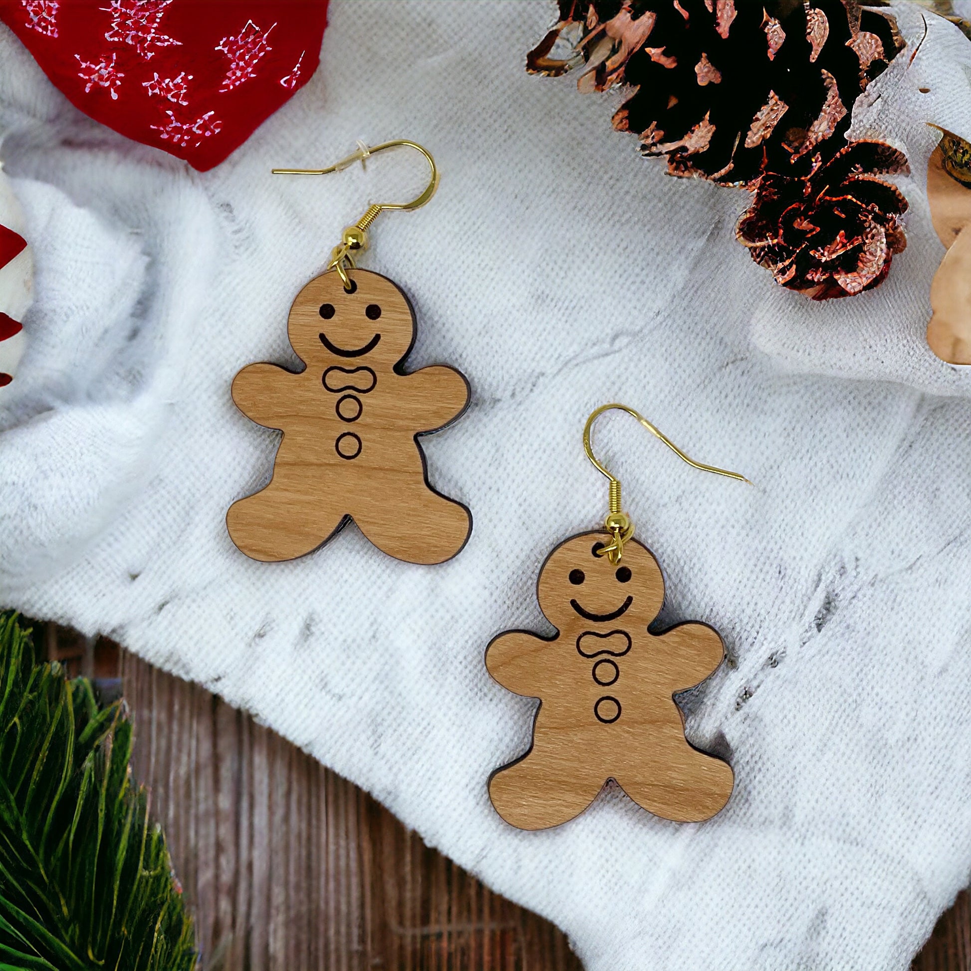 Gingerbread Man Wood Earrings – Cute Holiday Christmas Cookie Jewelry