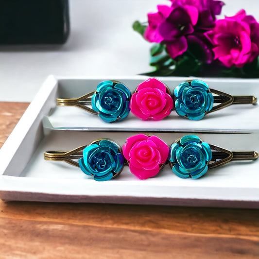 Teal & Hot Pink Rose Hair Pins – Bold Metallic Flower Hair Clip Set