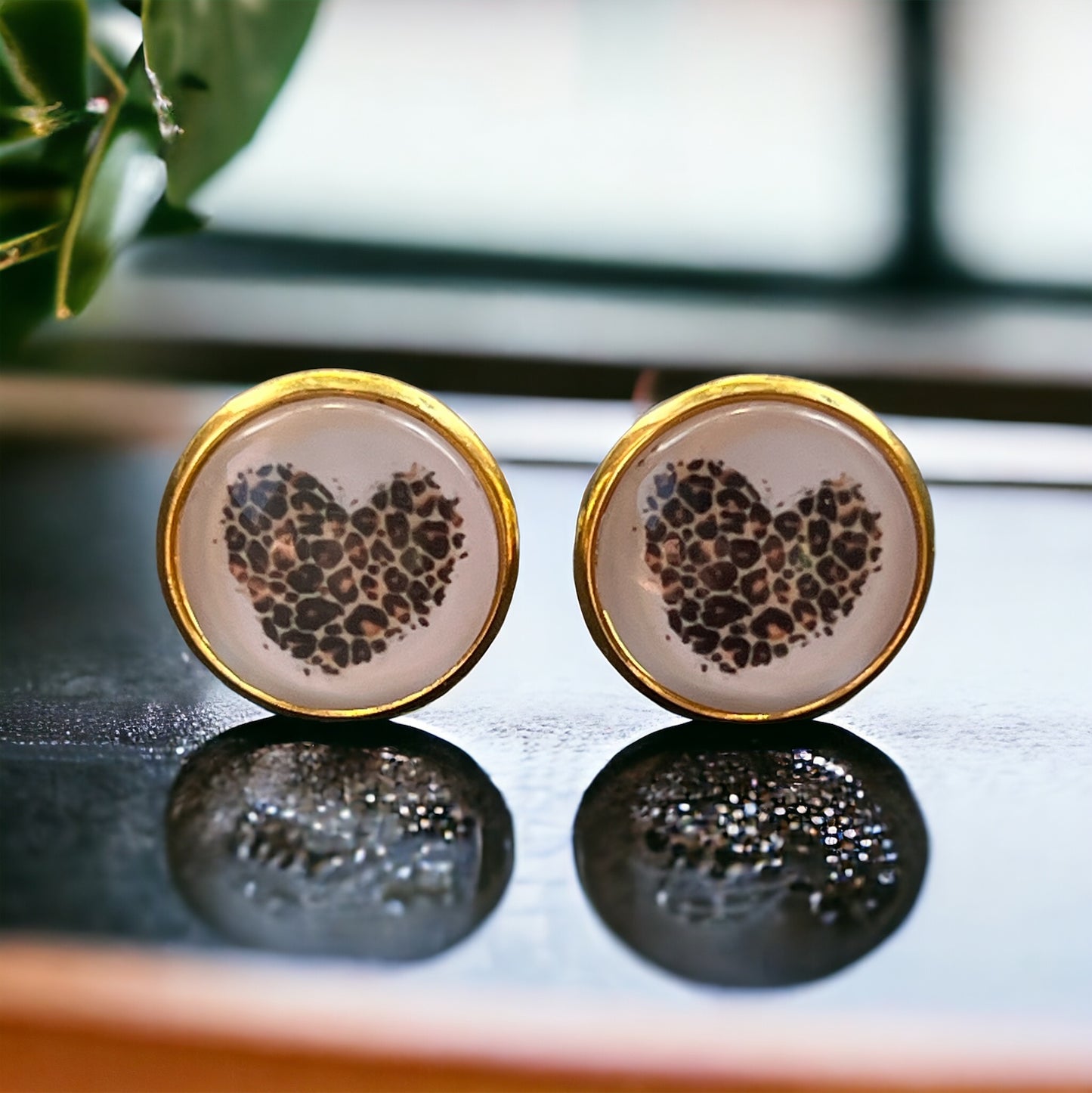 Animal Print Heart Gold Stud Earrings - Chic & Playful Accessories