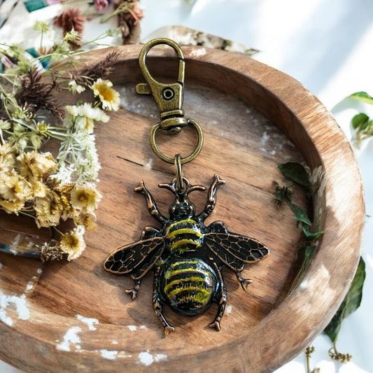 Hand Painted Bee Purse Charm – Vintage Copper Bee Keychain