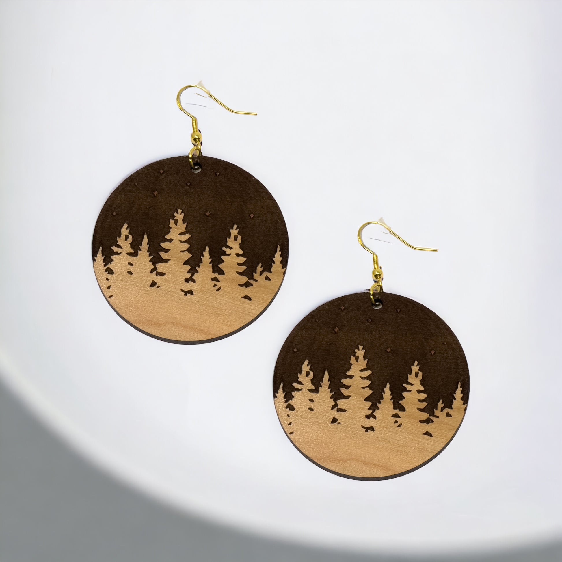 Starry Forest Circle Earrings – Dark Wood Nighttime Tree Line Jewelry