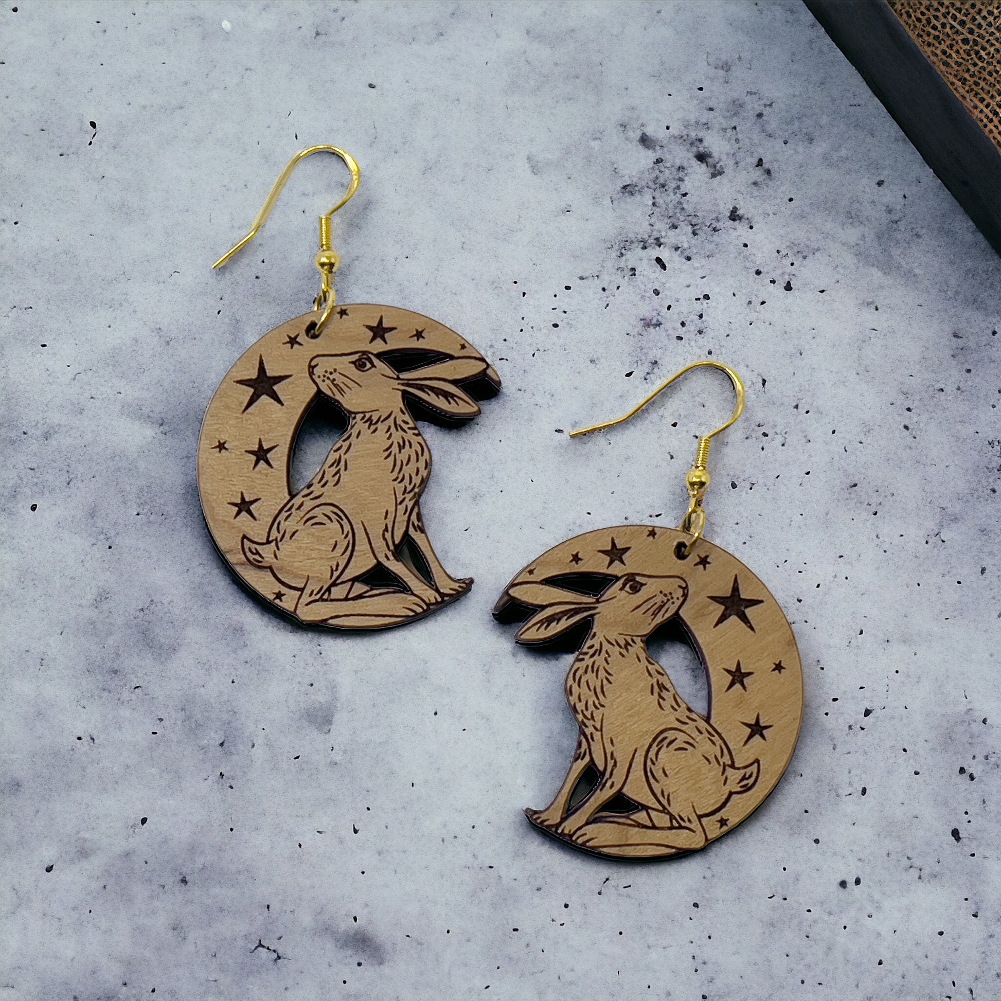 Moonlit Rabbit Earrings – Wooden Celestial Forest Jewelry with Gold Hooks