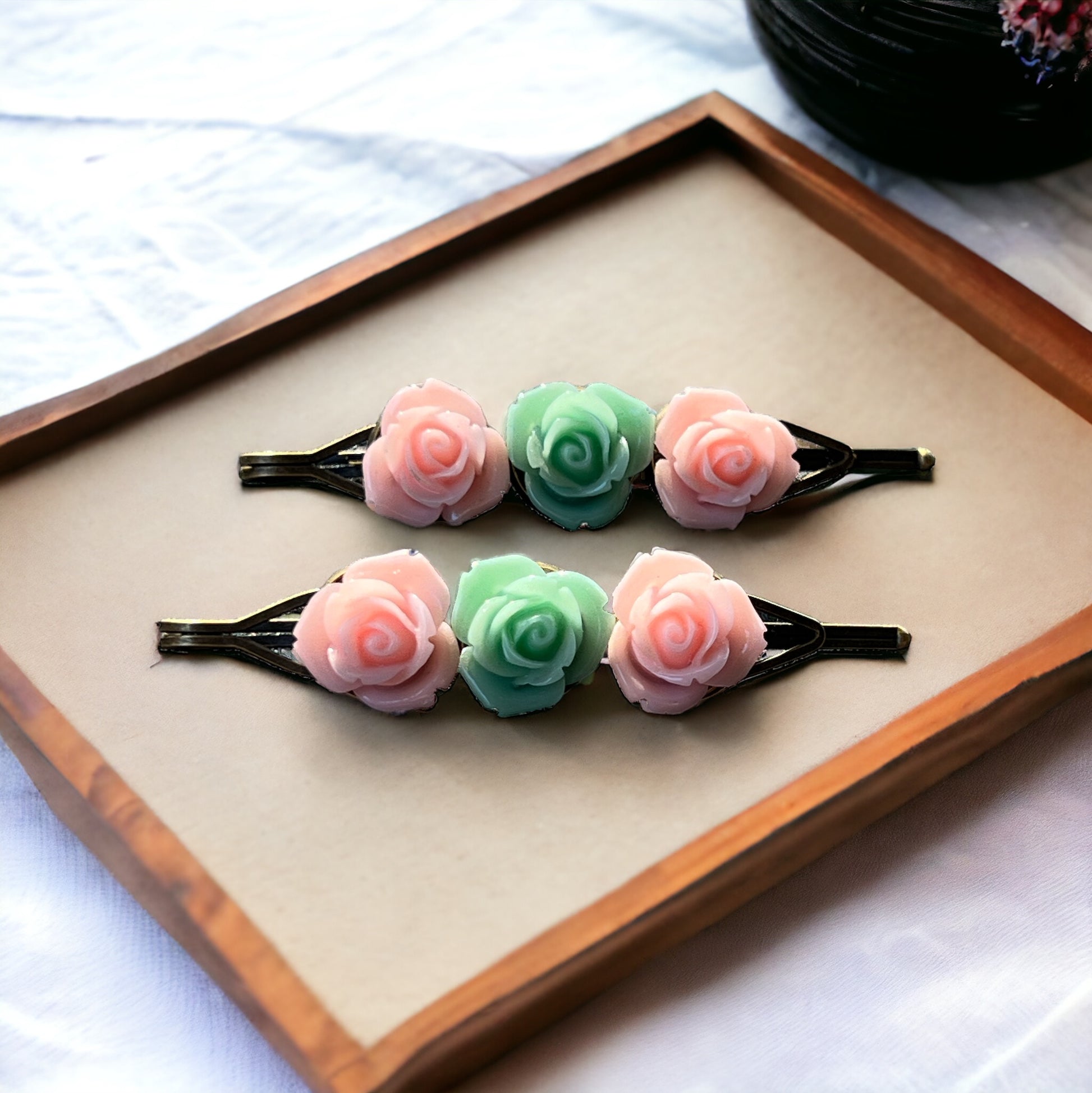 Blush & Mint Rose Hair Pins – Set of 2 Cottagecore Accessories