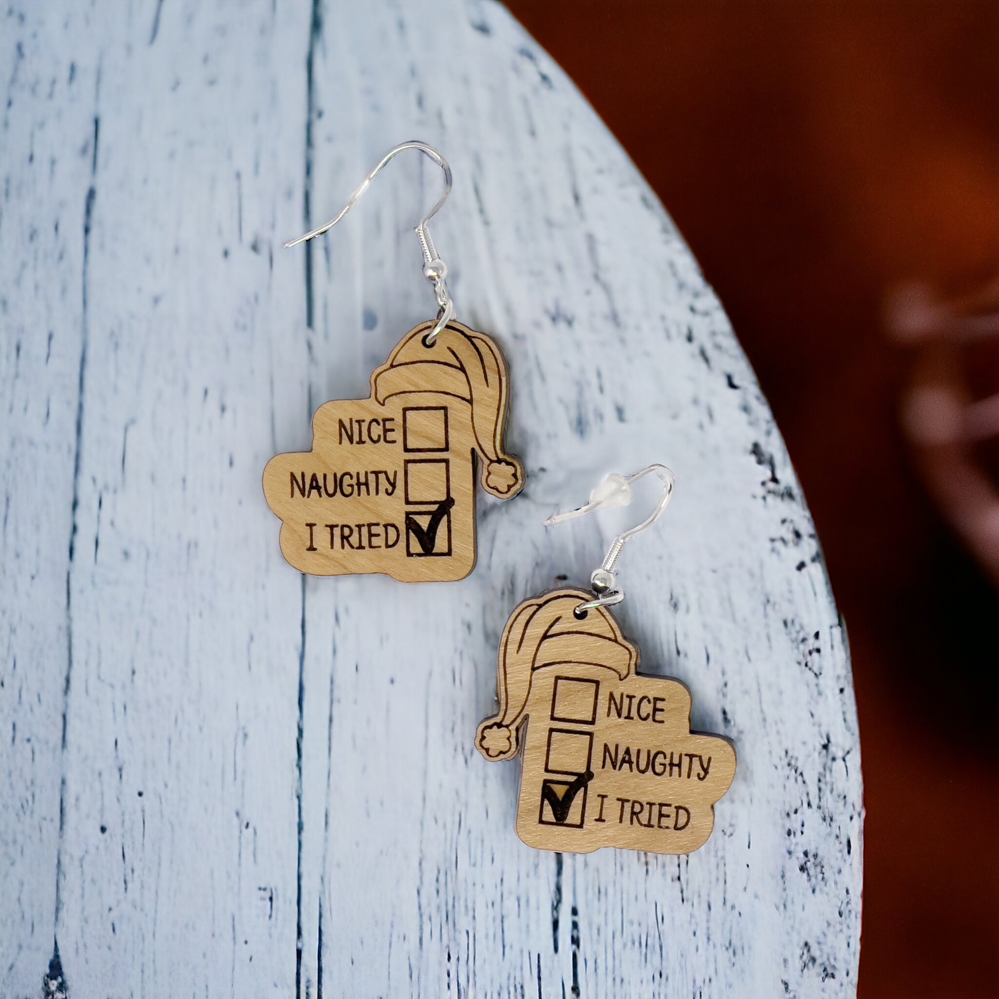 Funny Holiday Checklist Earrings – “I Tried” Santa Hat Wood Earrings
