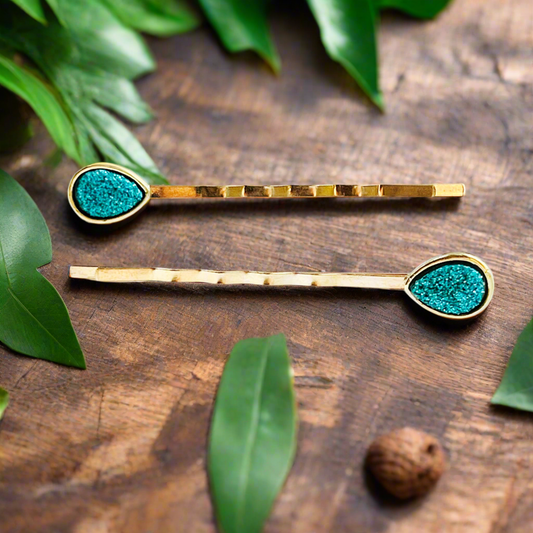Green Druzy Teardrop Hair Pin Set - Elegant and Unique Hair Accessories