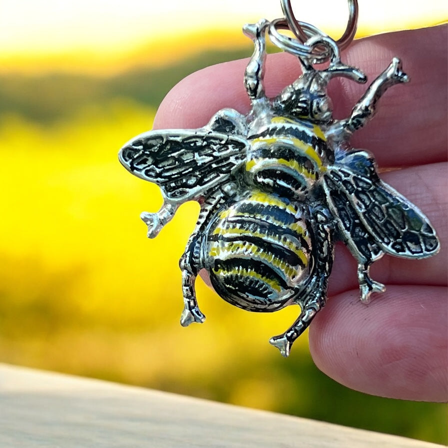 Hand Painted Silver Bee Purse Charm – Nature-Inspired Keychain