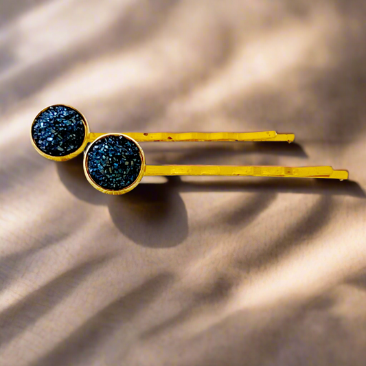 Alfileres de pelo de oro Druzy azul cobalto