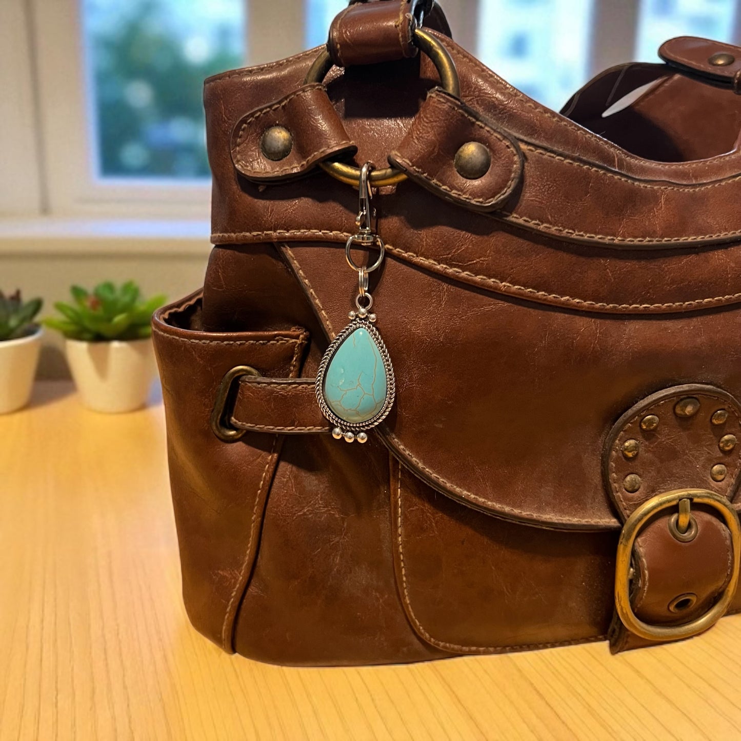 Teardrop Turquoise Purse Charm – Silver Boho Western Bag Accessory