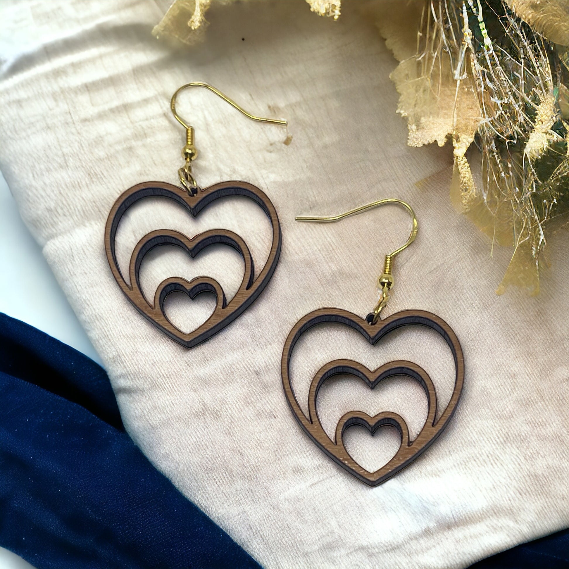 Nested Triple Heart Wood Earrings, Rustic Valentines Dangle Earrings, Cute Holiday Earrings, Wooden Cutout Earrings, Country Western Boho Jewelry