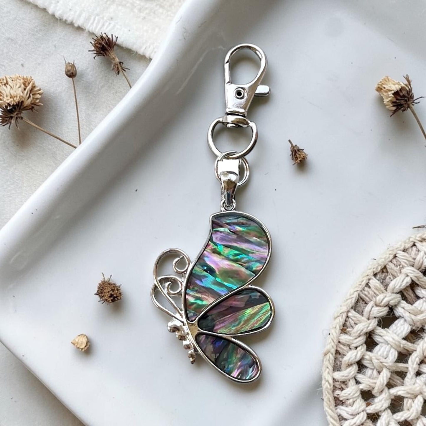 Abalone Butterfly Purse Charm – Silver Nature-Inspired Bag Accessory