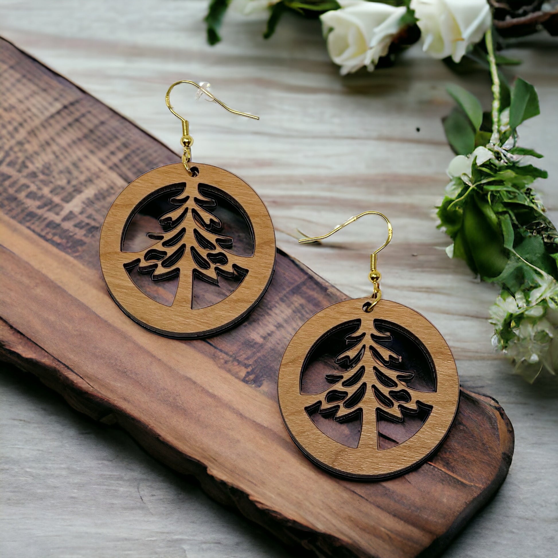 Circle Tree Cutout Earrings – Round Wooden Forest Holiday Jewelry