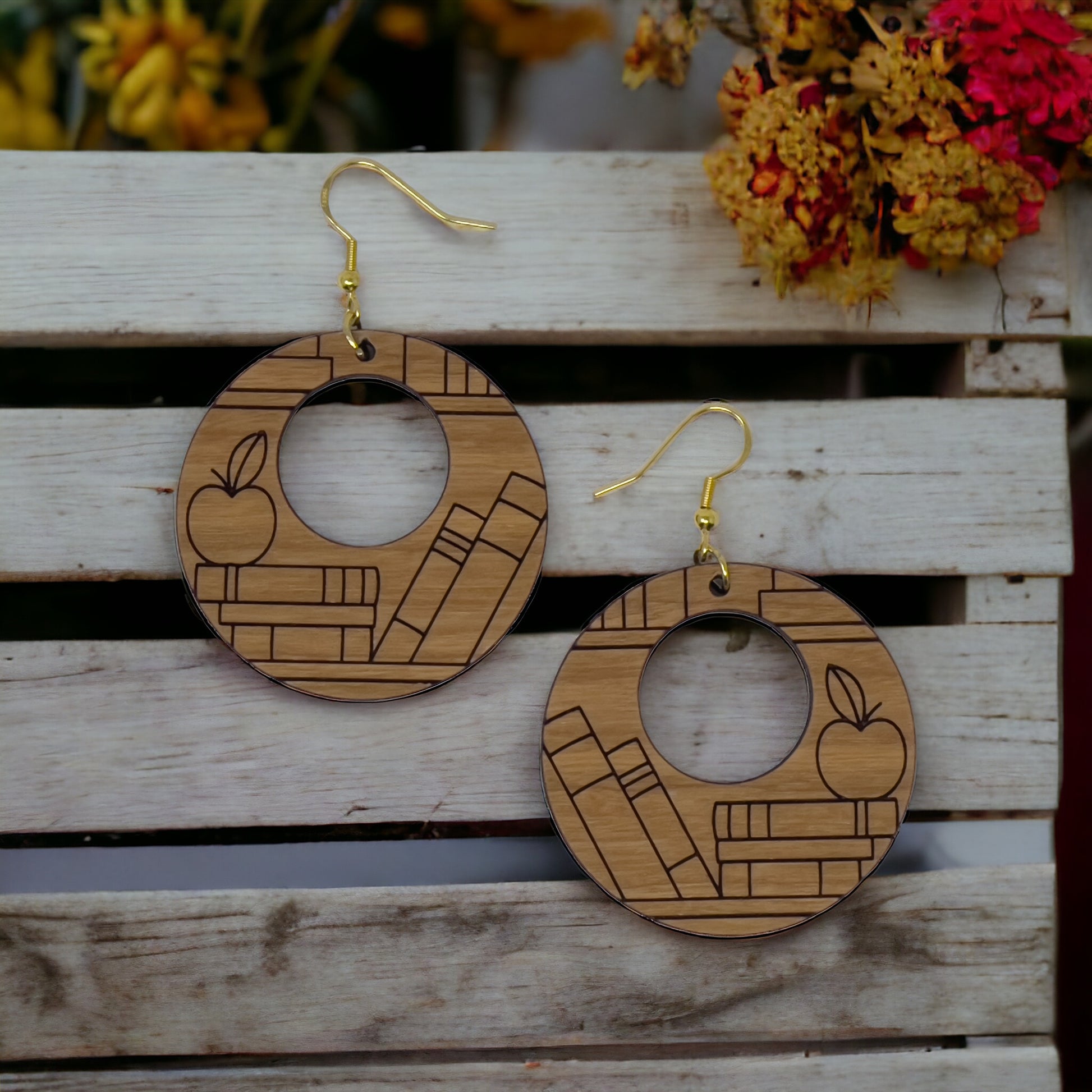 Apple & Books Wood Earrings – Boho Jewelry for Teachers