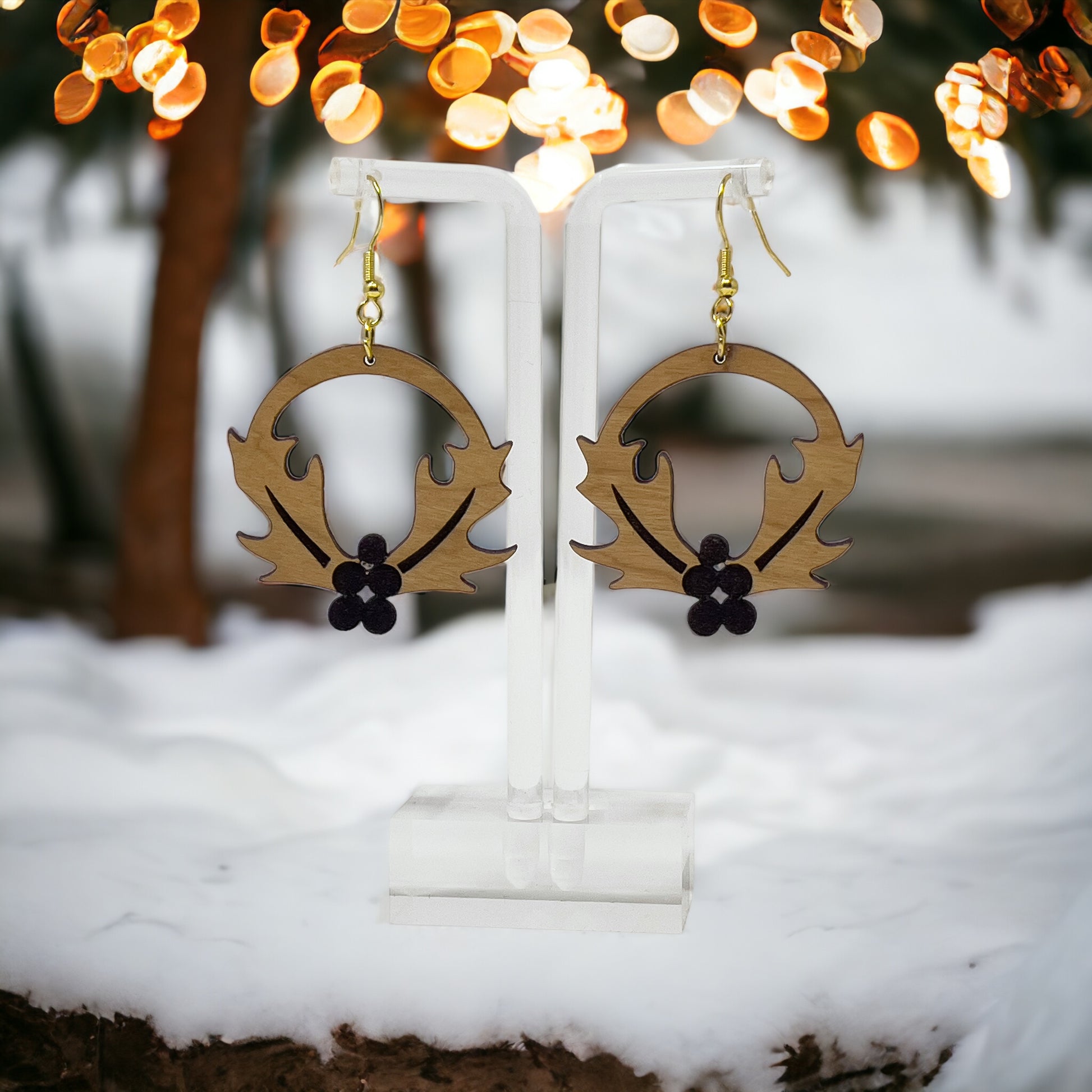 Wooden Holly Wreath Earrings – Holiday Leaf & Berry Laser Cut Jewelry