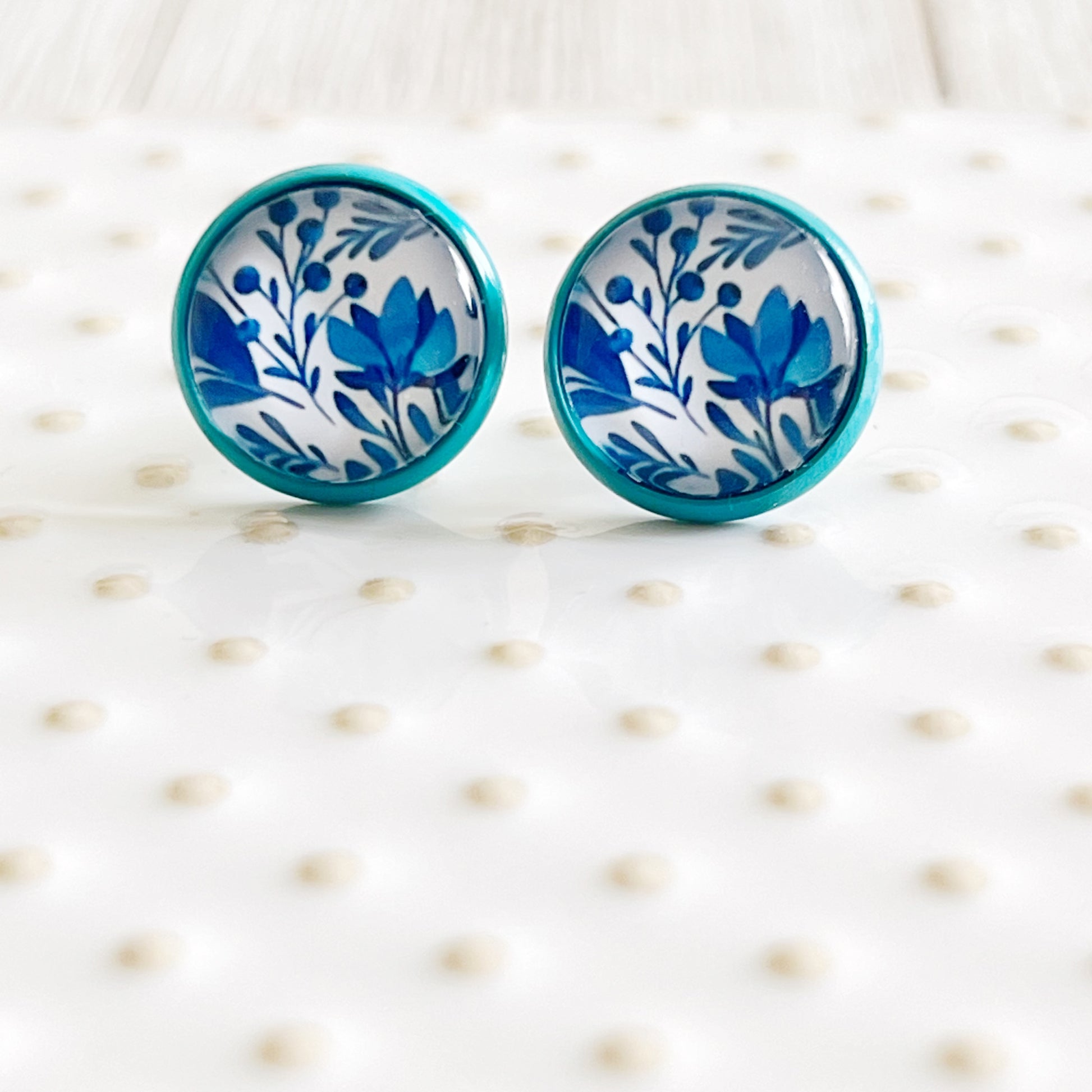 Blue Floral Stud Earrings – Round Botanical Jewelry in Teal Bezel