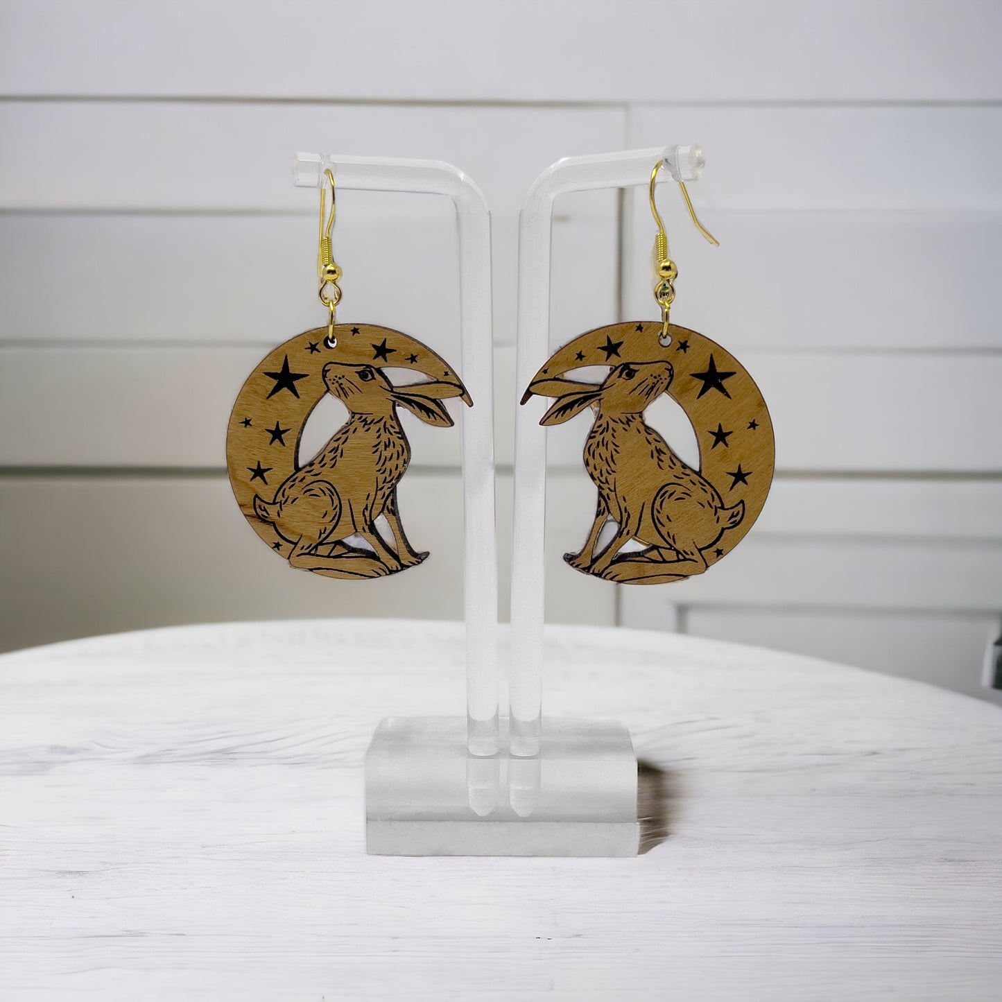 Moonlit Rabbit Earrings – Wooden Celestial Forest Jewelry with Gold Hooks