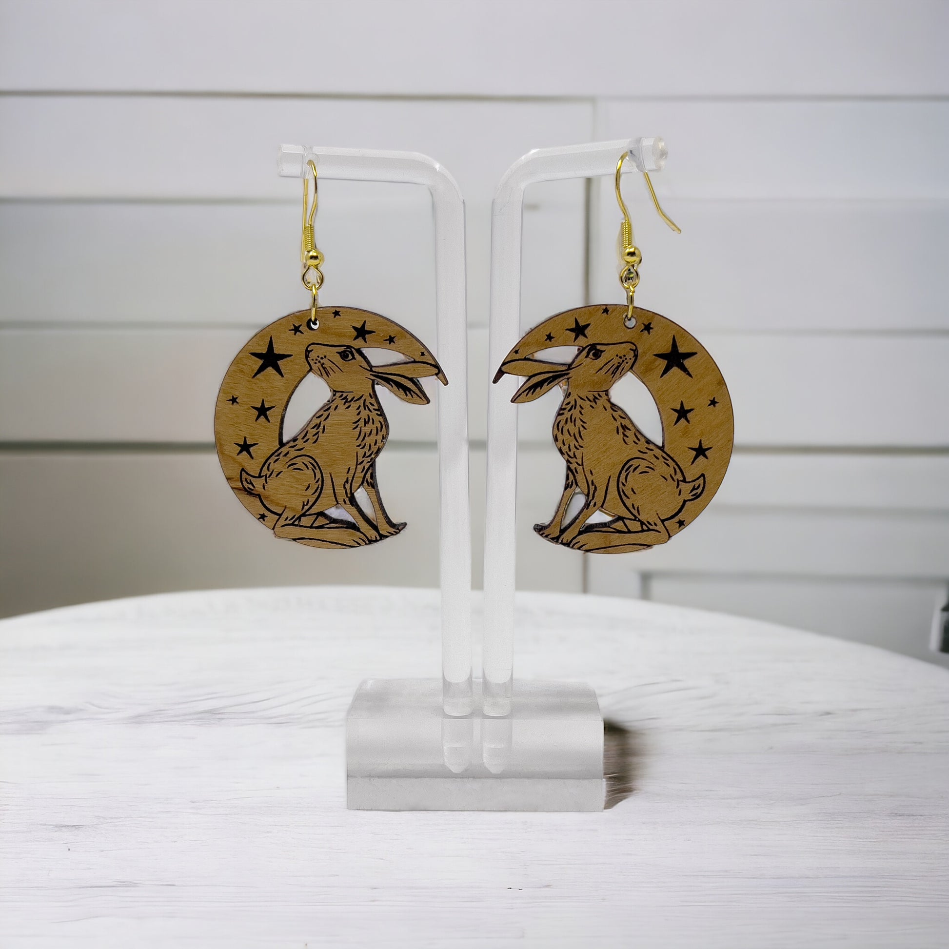 Moonlit Rabbit Earrings – Wooden Celestial Forest Jewelry with Gold Hooks