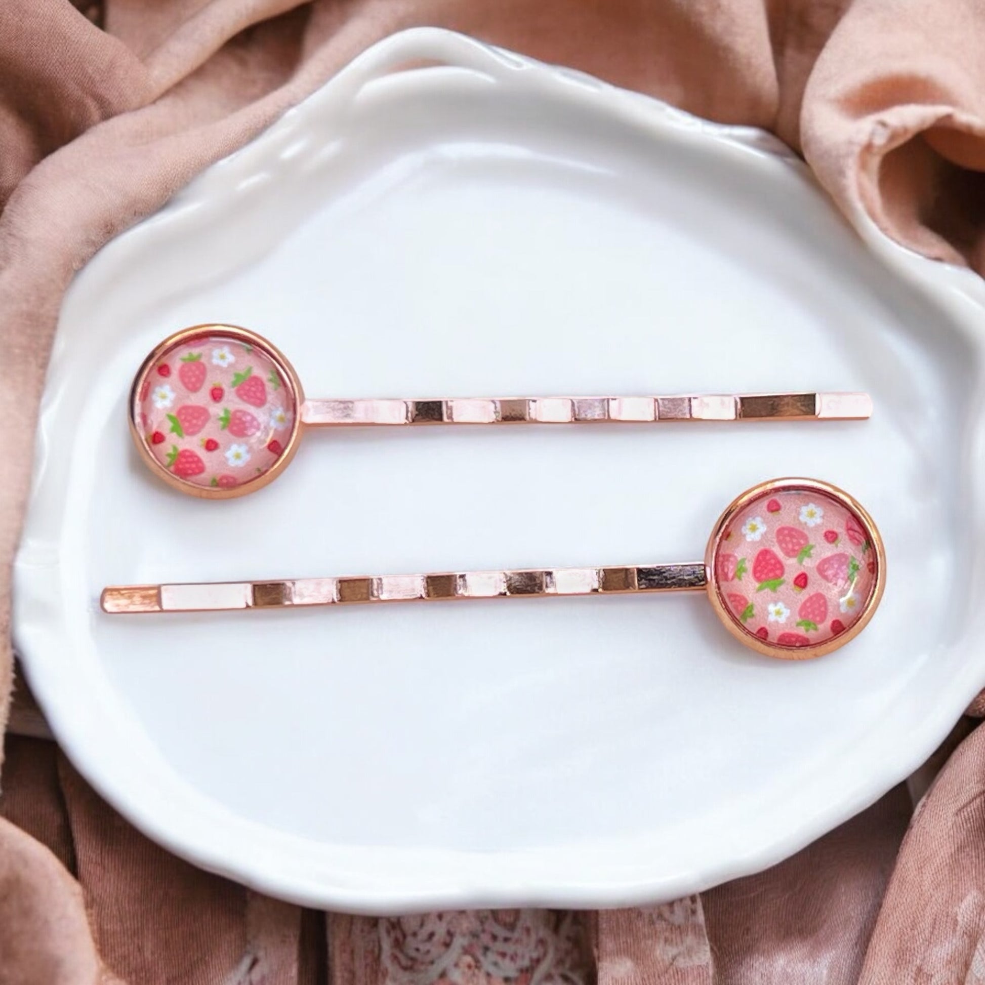Pink Strawberry Hair Pins – Set of 2 Rose Gold Fruit-Inspired Accessories