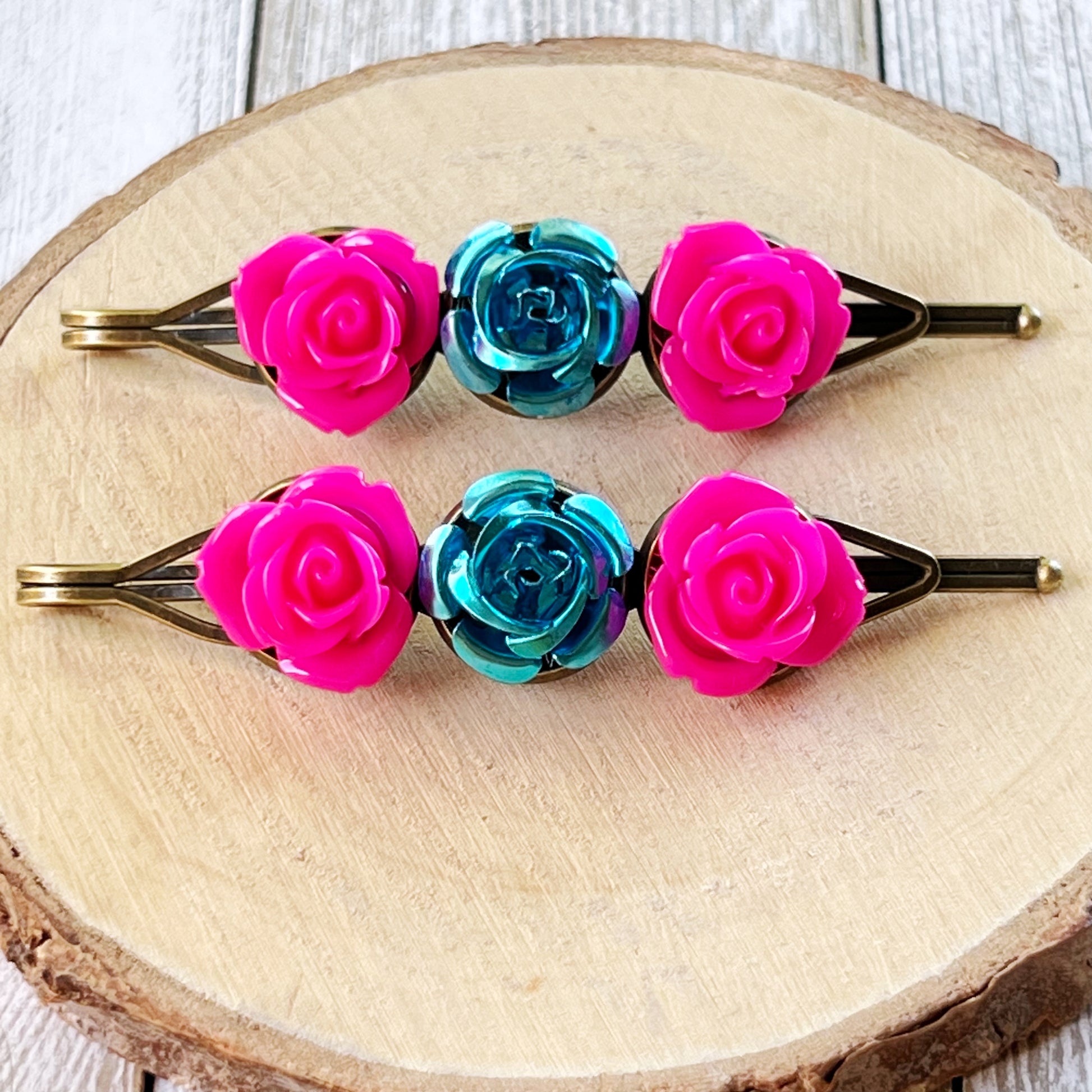 Hot Pink & Teal Rose Hair Pins – Bold Floral Hair Clips with Metallic Accent