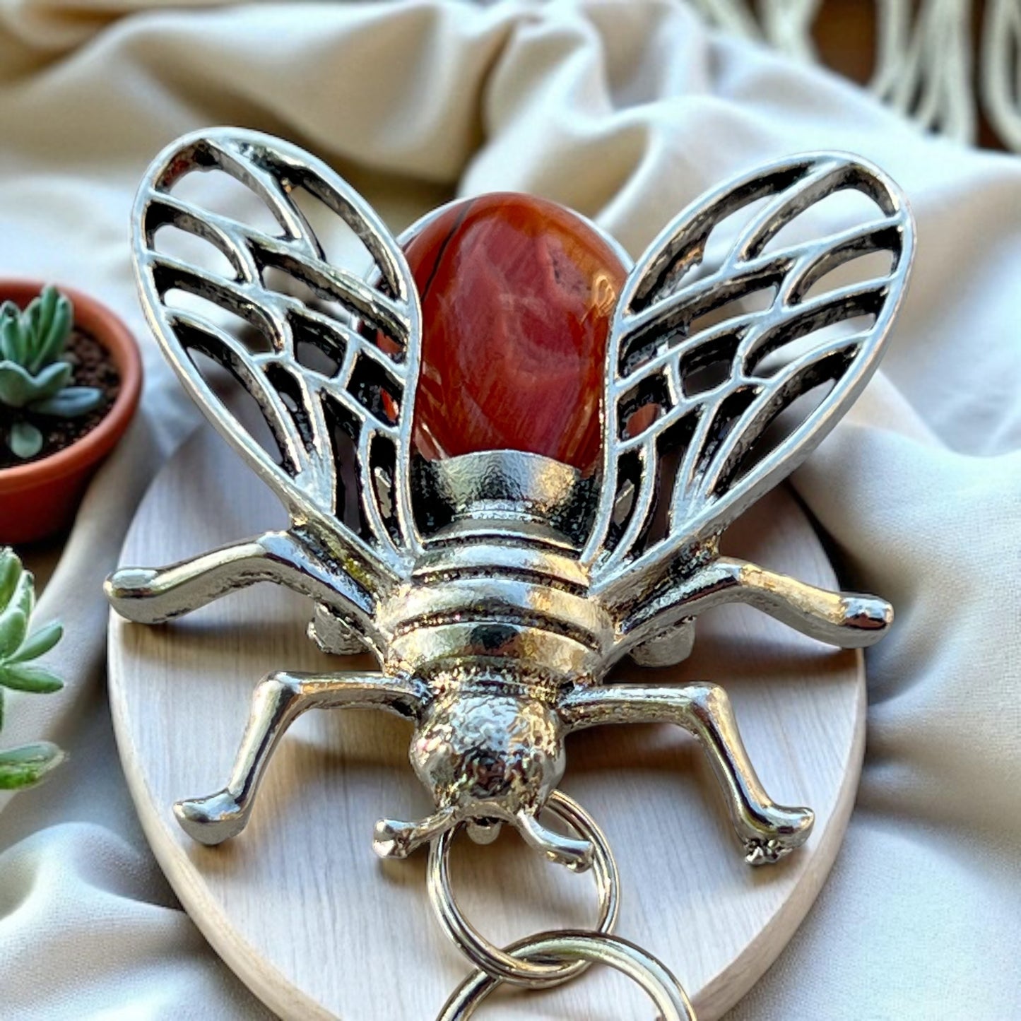Red Jasper Bee Purse Charm – Silver Boho Bag Keychain Accessory