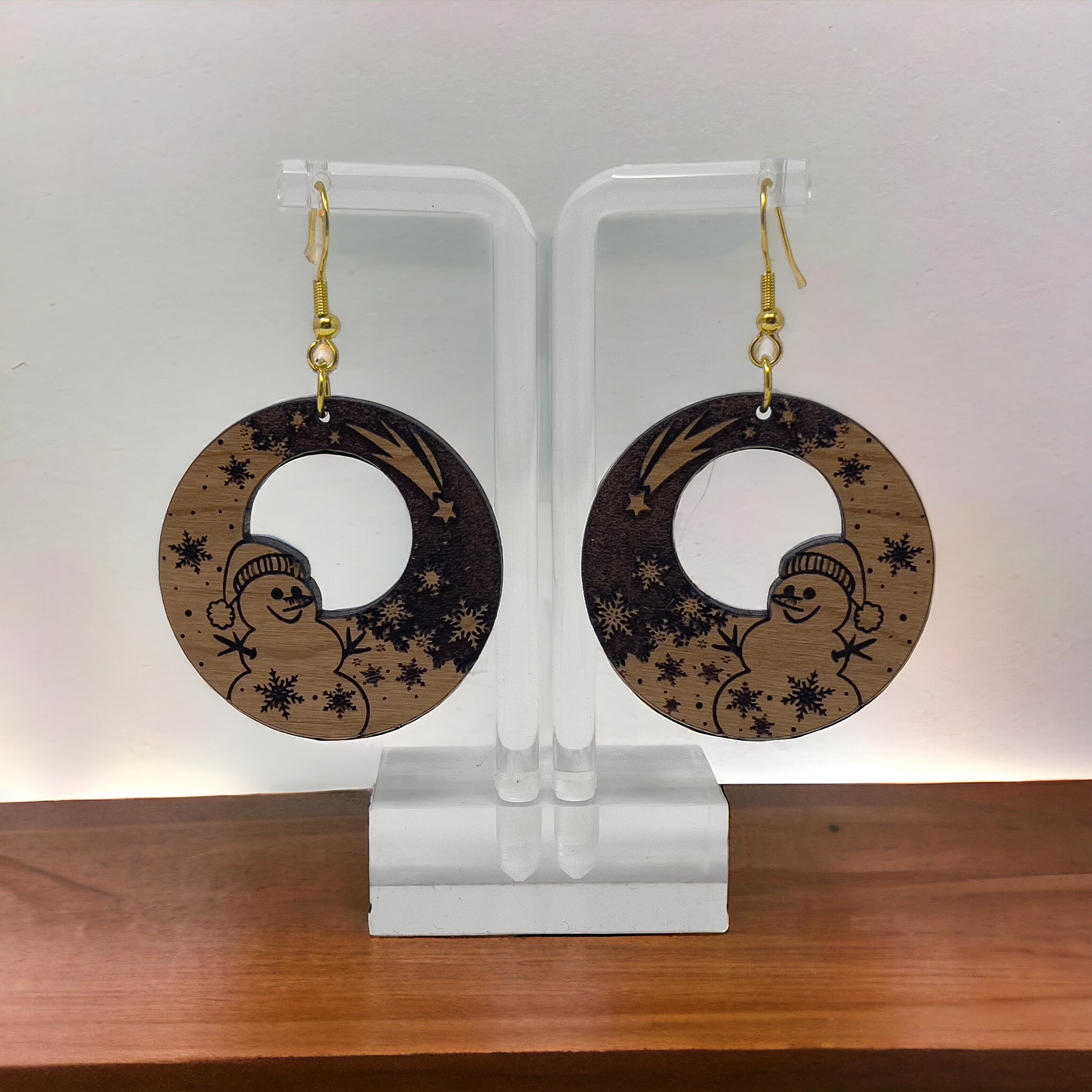 Snowman Moon Wood Earrings – Handmade Winter Holiday Jewelry