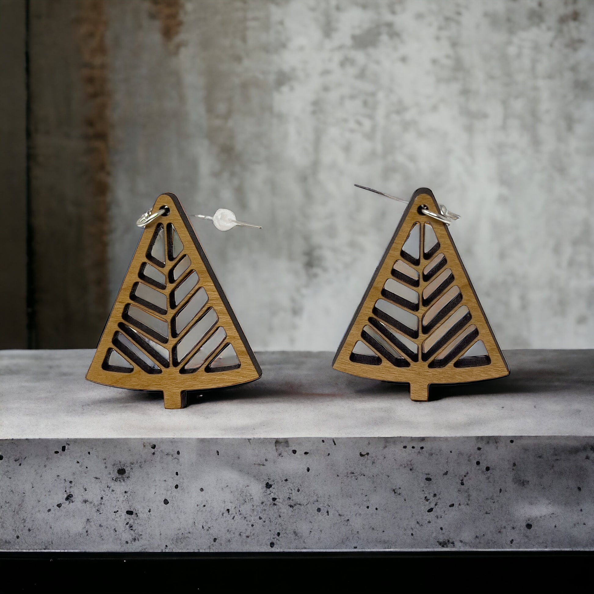 Geometric Tree Cutout Earrings – Modern Wooden Holiday Jewelry