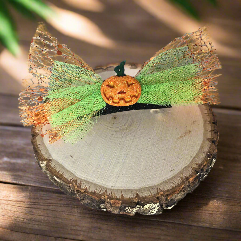 Lazo de pelo verde naranja calabaza de Halloween