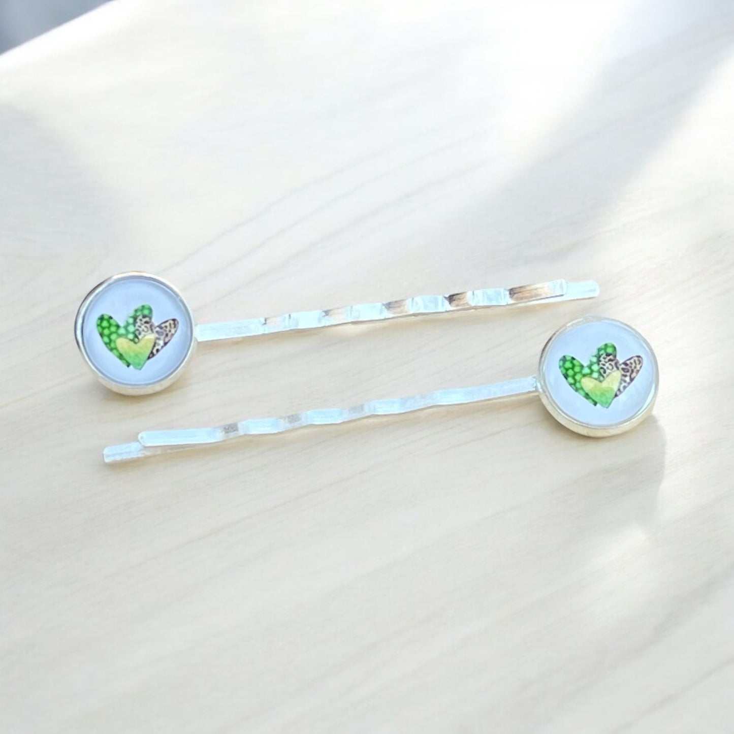 Animal Print Heart Hair Pins – Set of 2 Silver Accessories