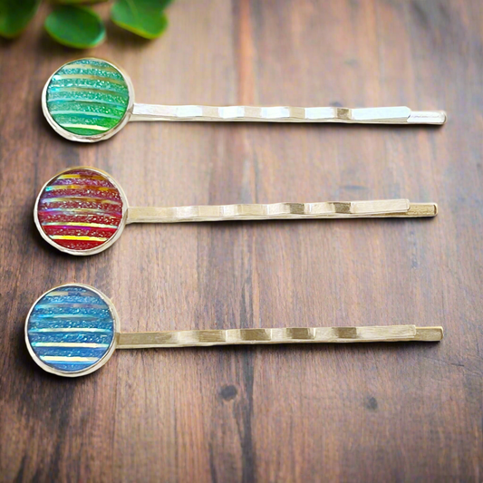 Green, Red, & Blue Striped Glitter Silver Hair Pins Set of 3