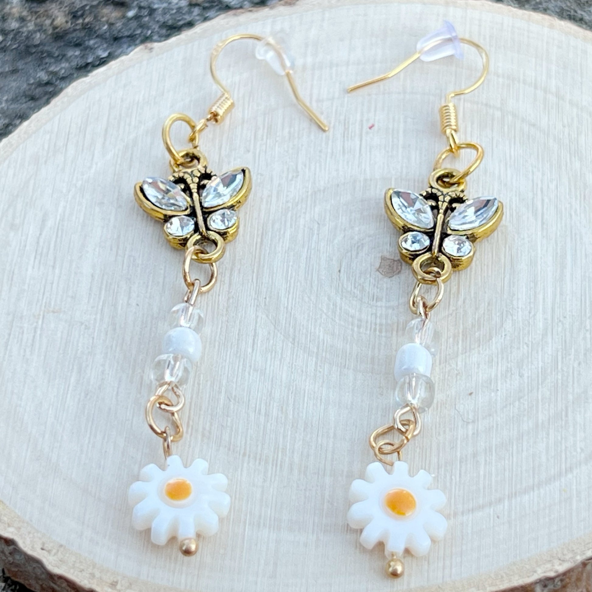 Butterfly & Daisy Earrings – Handmade Gold Floral Dangles