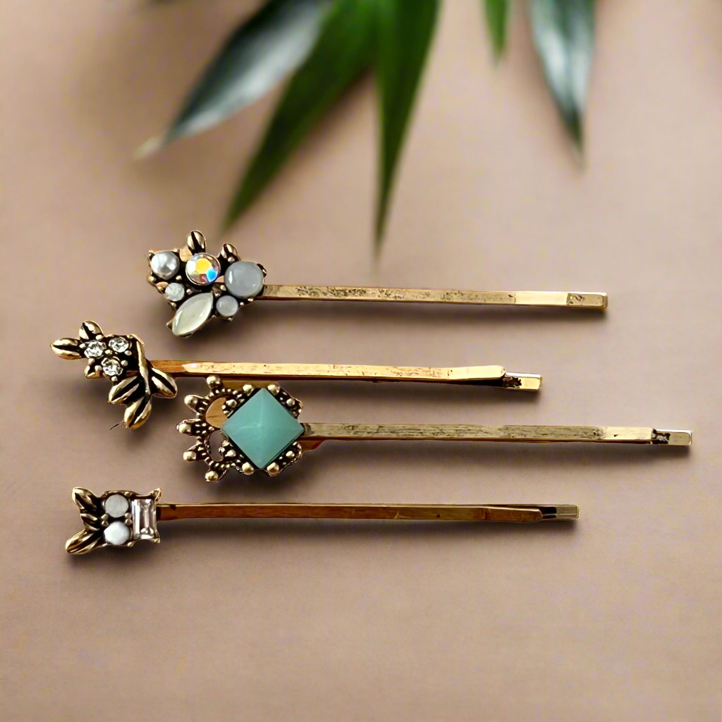 Gold Gemstone Hair Pins – Set of 4 Elegant Accessories