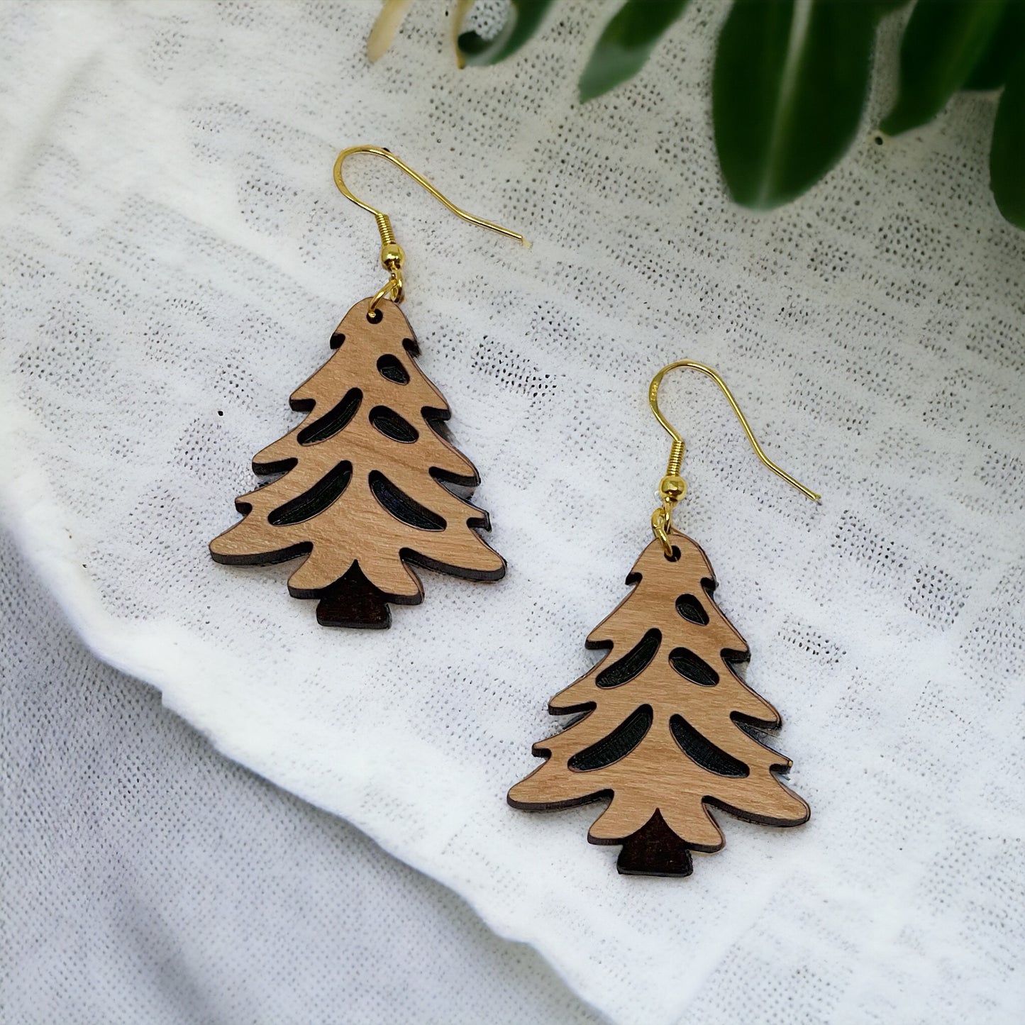 Rustic Tree Cutout Earrings – Wooden Christmas Tree Dangle Earrings