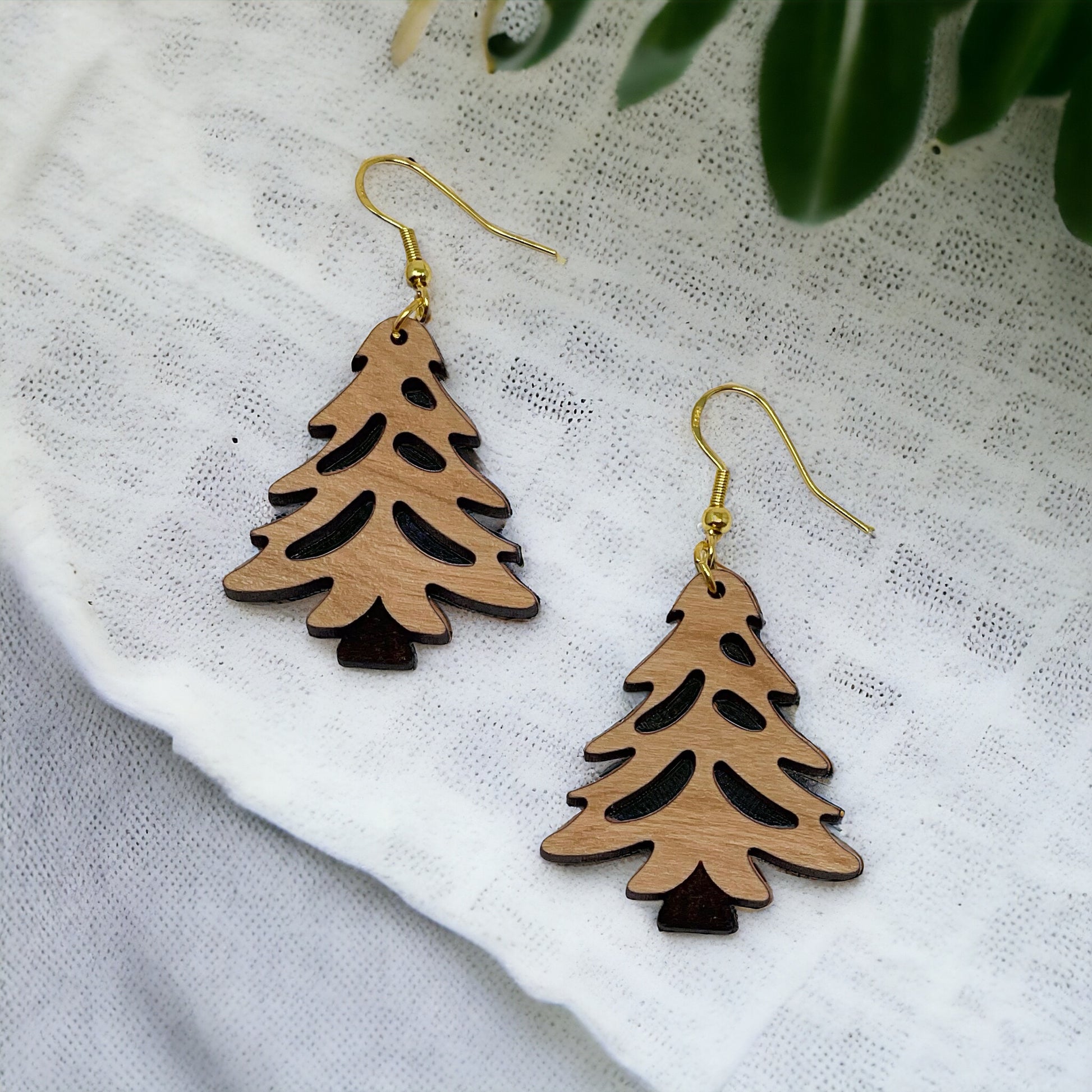 Rustic Tree Cutout Earrings – Wooden Christmas Tree Dangle Earrings
