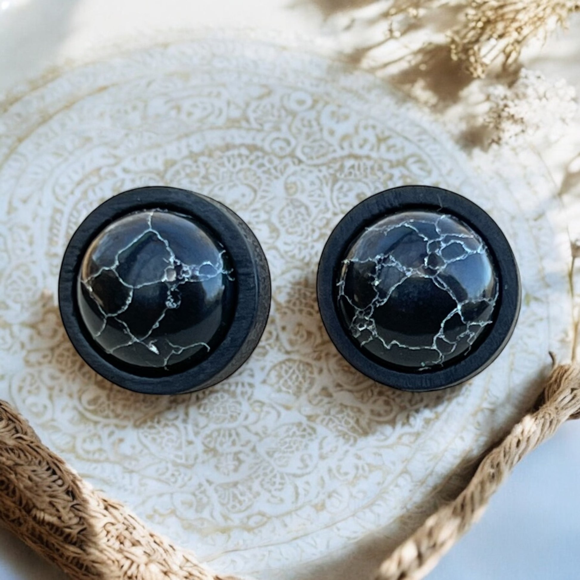 12mm black marble earrings with stainless steel posts