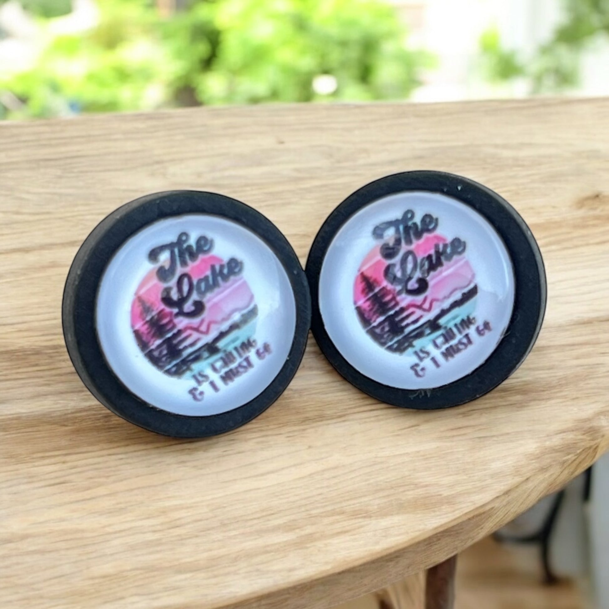 12mm black wood bezel earrings with lakeside quote and glass cabochon