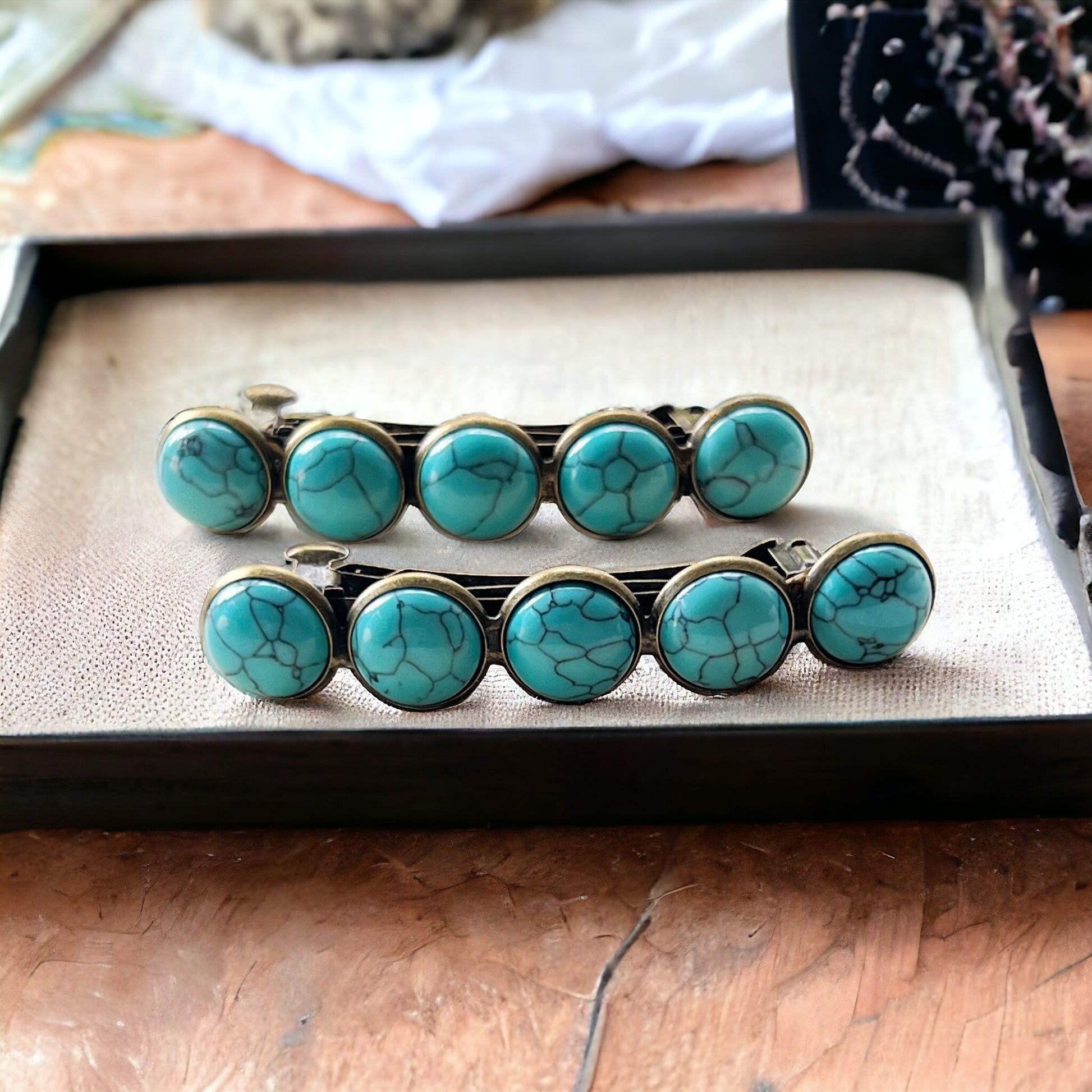 Turquoise Hair Barrettes - Western Cowgirl Hair Pins, Women's Southwestern Boho Hair Accessories, Set of 2
