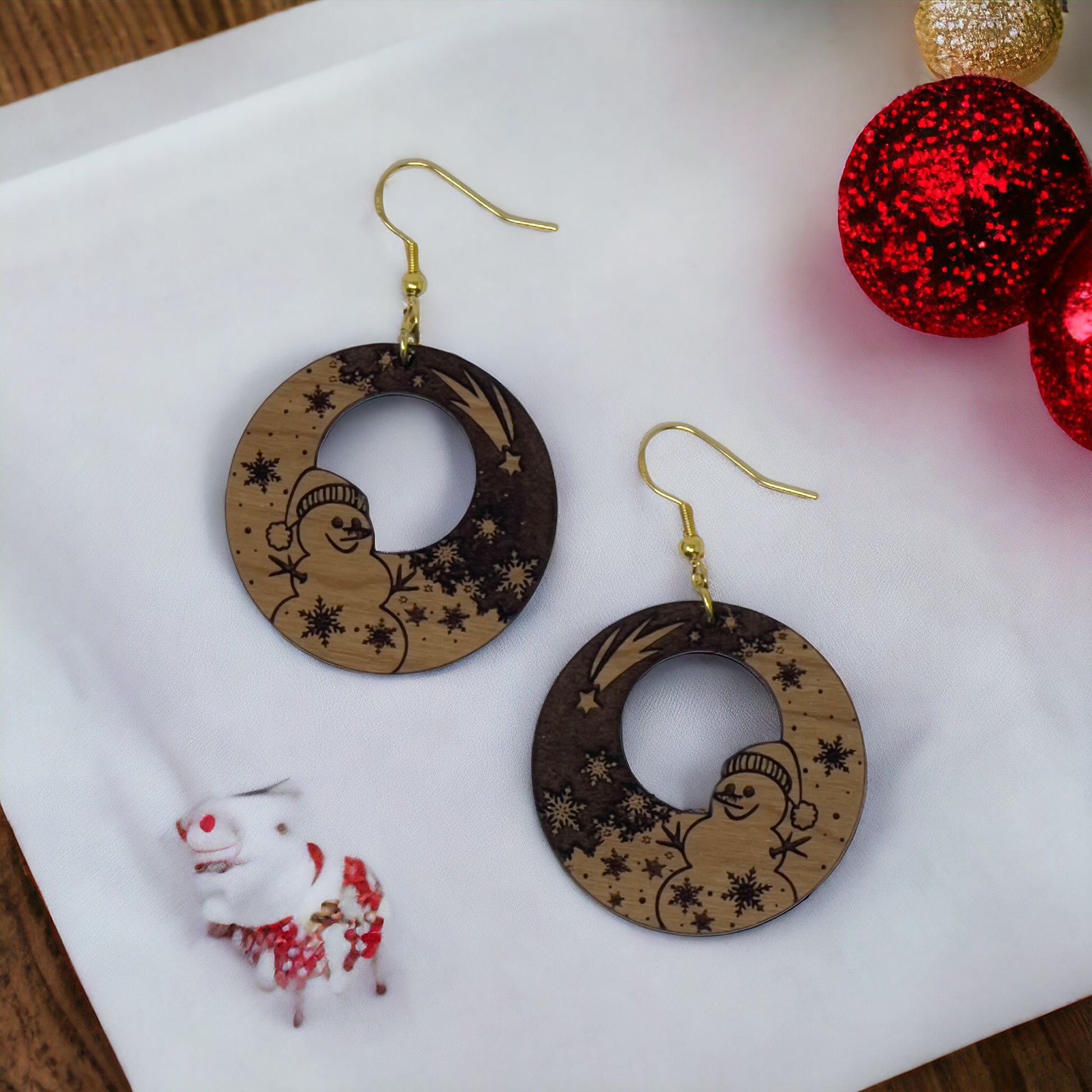 Snowman Moon Wood Earrings – Handmade Winter Holiday Jewelry