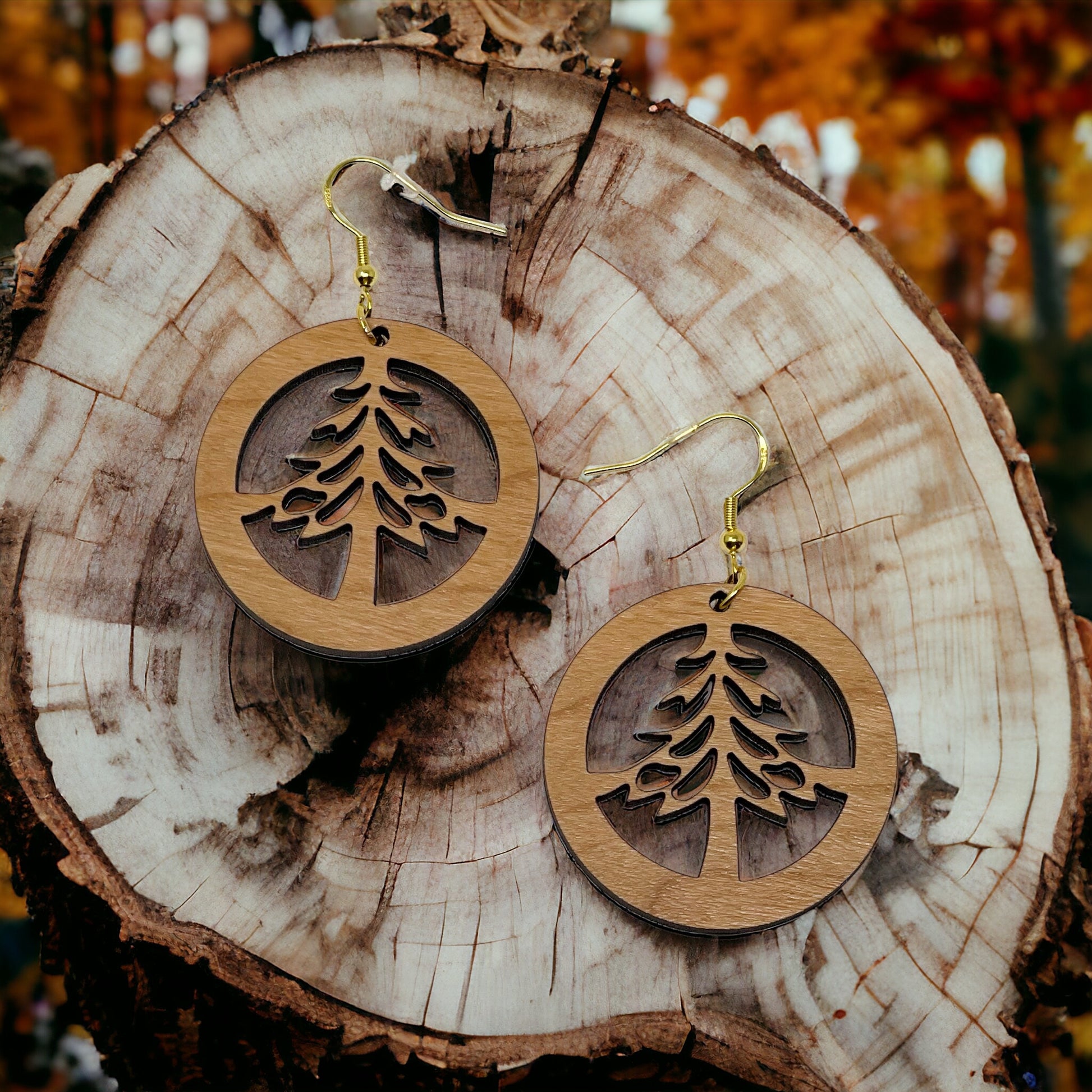 Circle Tree Cutout Earrings – Round Wooden Forest Holiday Jewelry