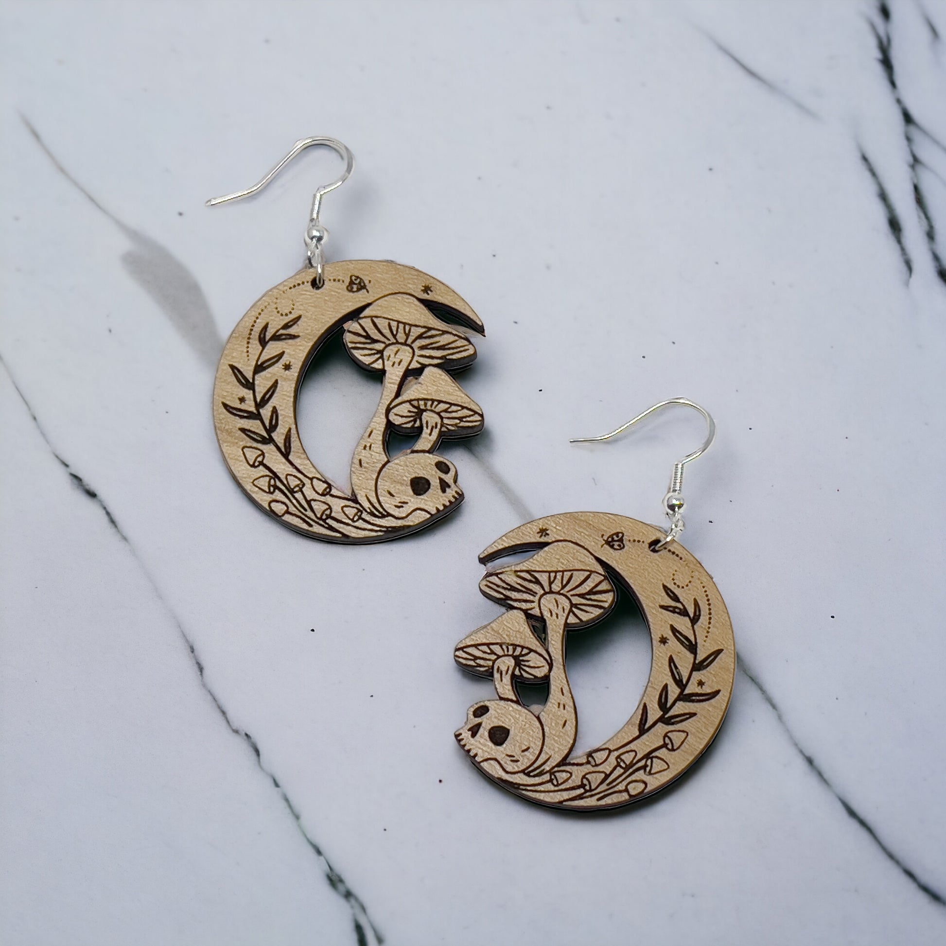 Mushroom Skull Moon Earrings – Woodland Whimsy Boho Statement Jewelry