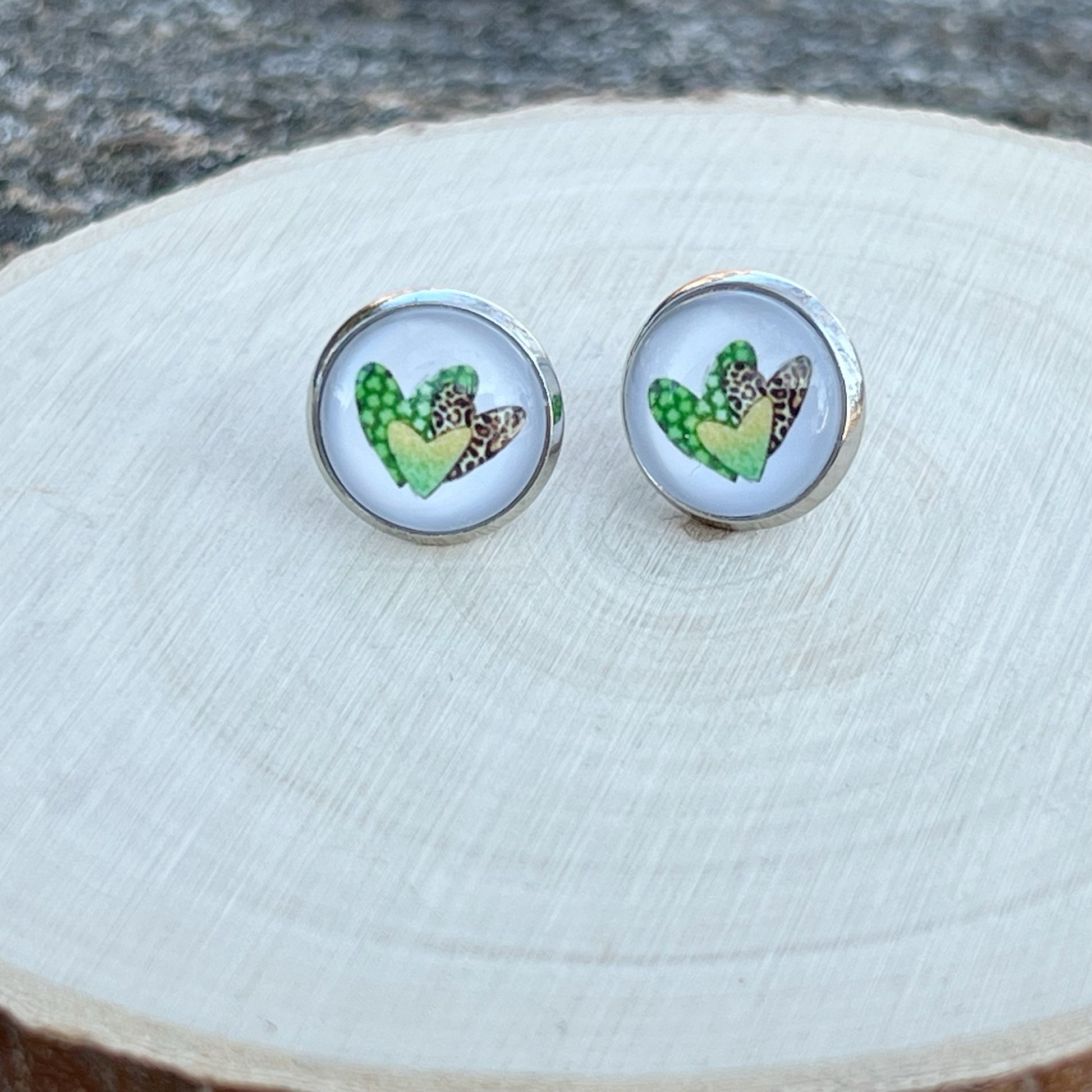 Animal Print Heart Stud Earrings – Handmade Silver Jewelry