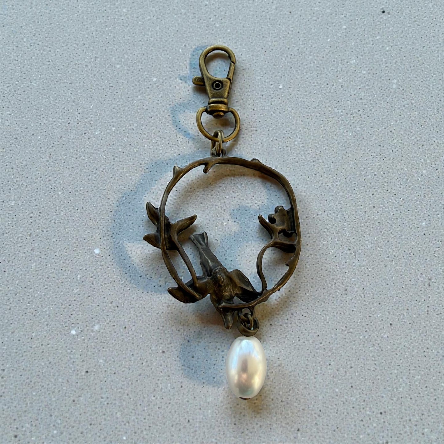 Vintage Bird & Pearl Purse Charm – Rustic Boho Branch Keychain