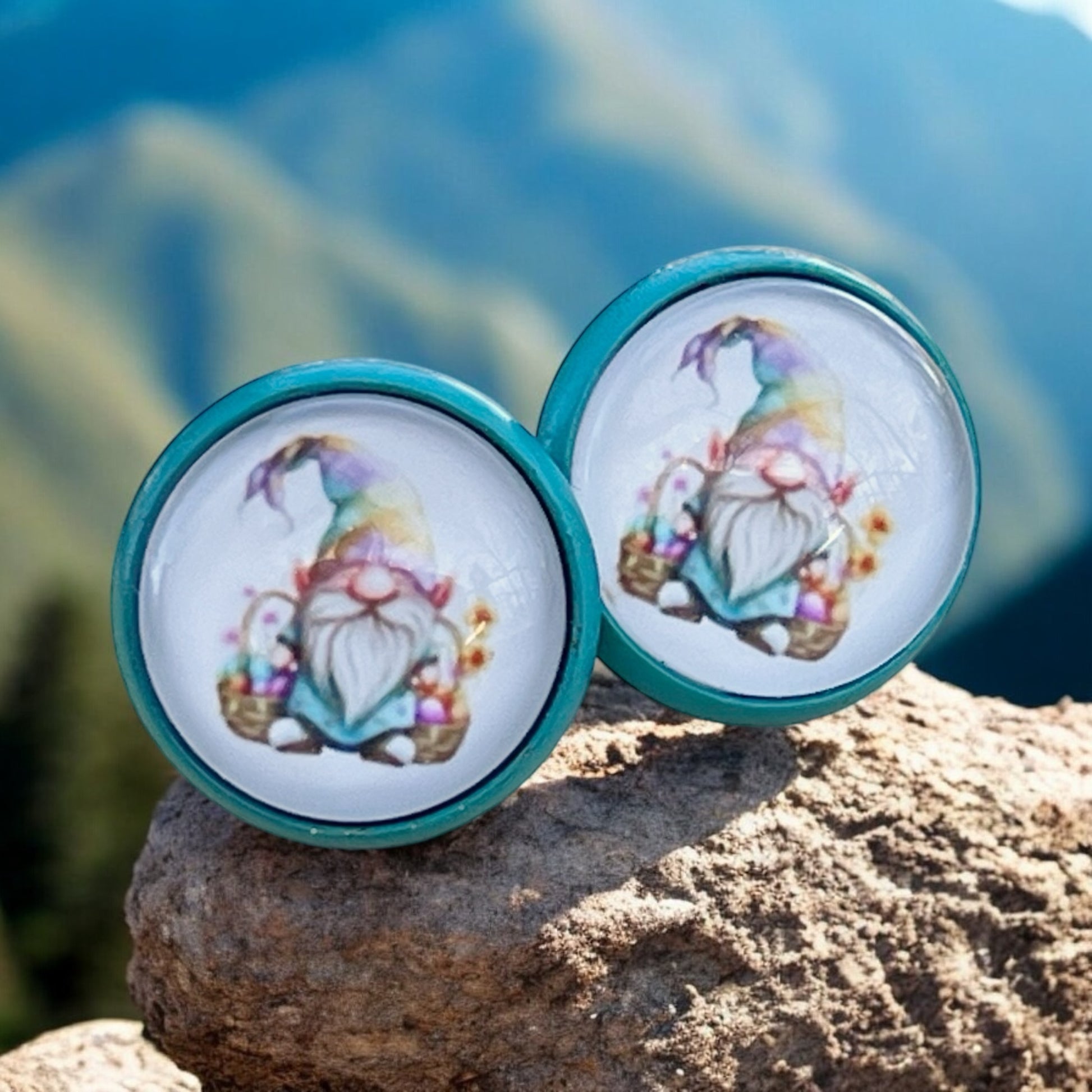 Handmade Easter Gnome Stud Earrings – 12mm Wooden Teal Edge Jewelry