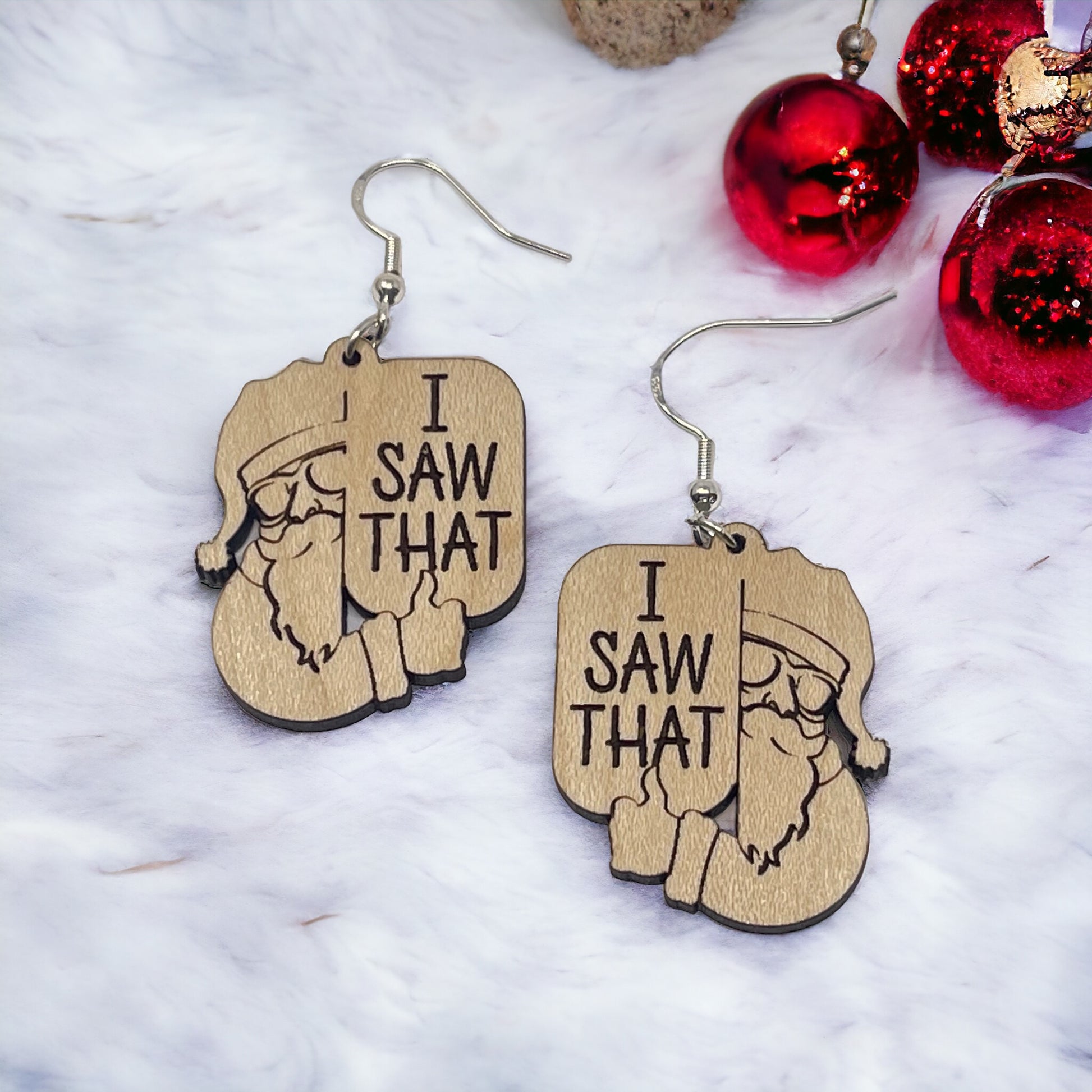 “I Saw That” Santa Earrings – Funny Etched Wood Christmas Jewelry