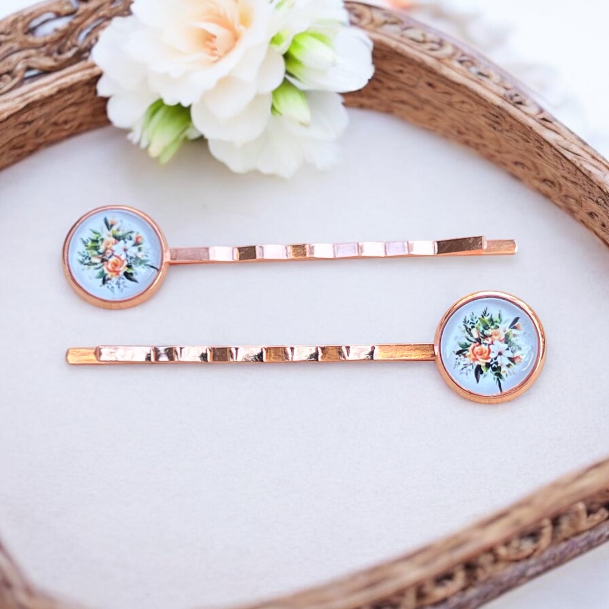 Rose Gold Floral Hair Pins – Set of 2 Vintage Cottagecore Accessories
