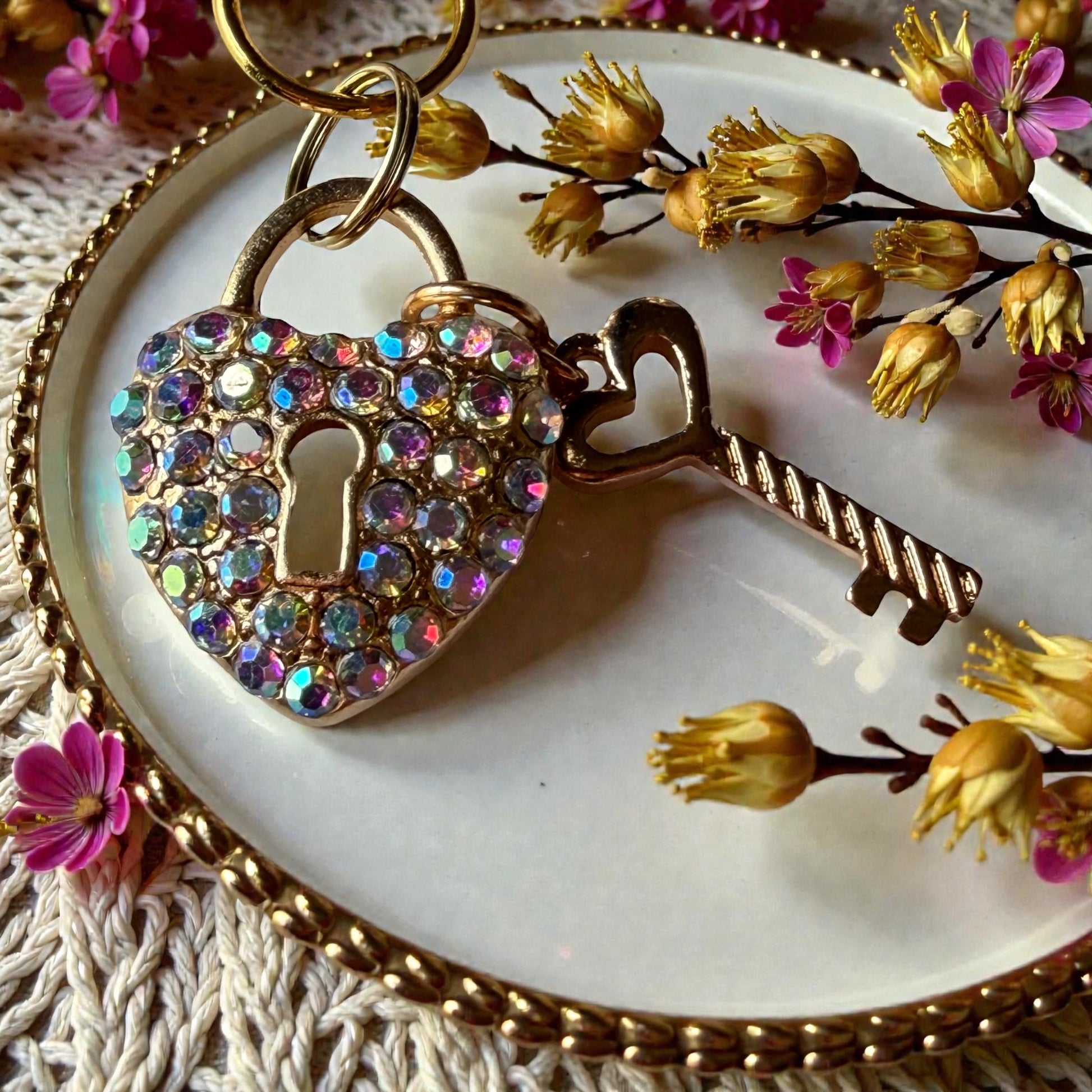 Heart Lock & Key Purse Charm – Sparkly Gold Bag Keychain - Be Grace Be Love Boutique
