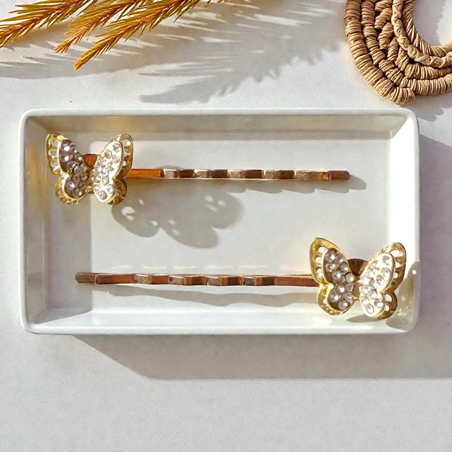 Gold Butterfly Hair Pins – Sparkly Rhinestone Wedding Clips for Women