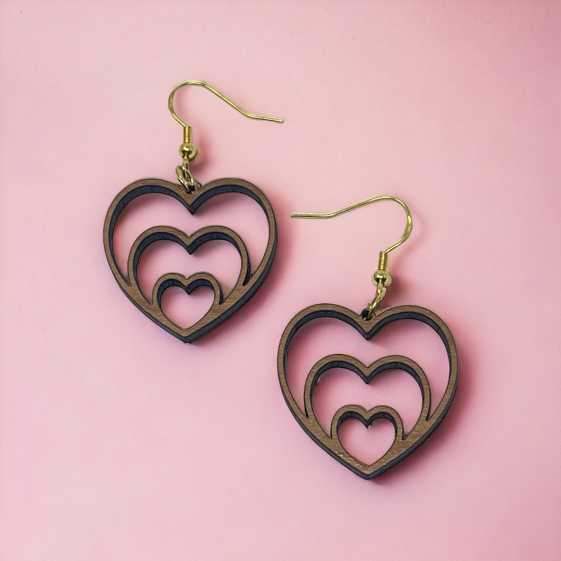 Nested Triple Heart Wood Earrings, Rustic Valentines Dangle Earrings, Cute Holiday Earrings, Wooden Cutout Earrings, Country Western Boho Jewelry