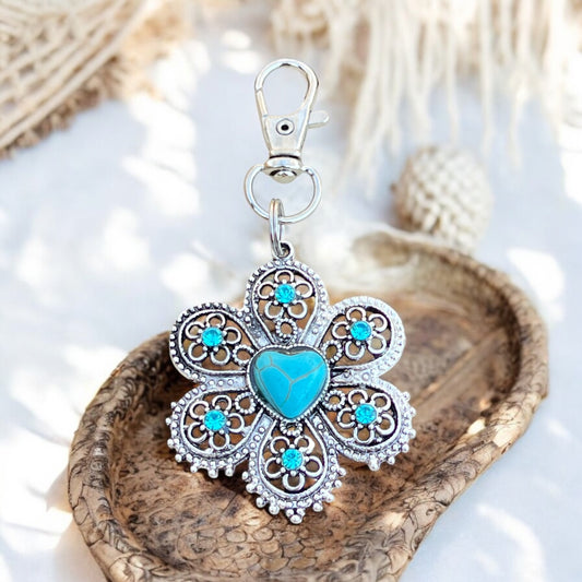 Turquoise Flower Keychain – Handmade Boho Bag Charm