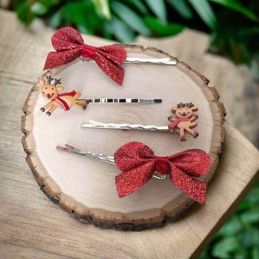 Reindeer Christmas Red Bow Hair Pins - Set of 4 Bobby Pins